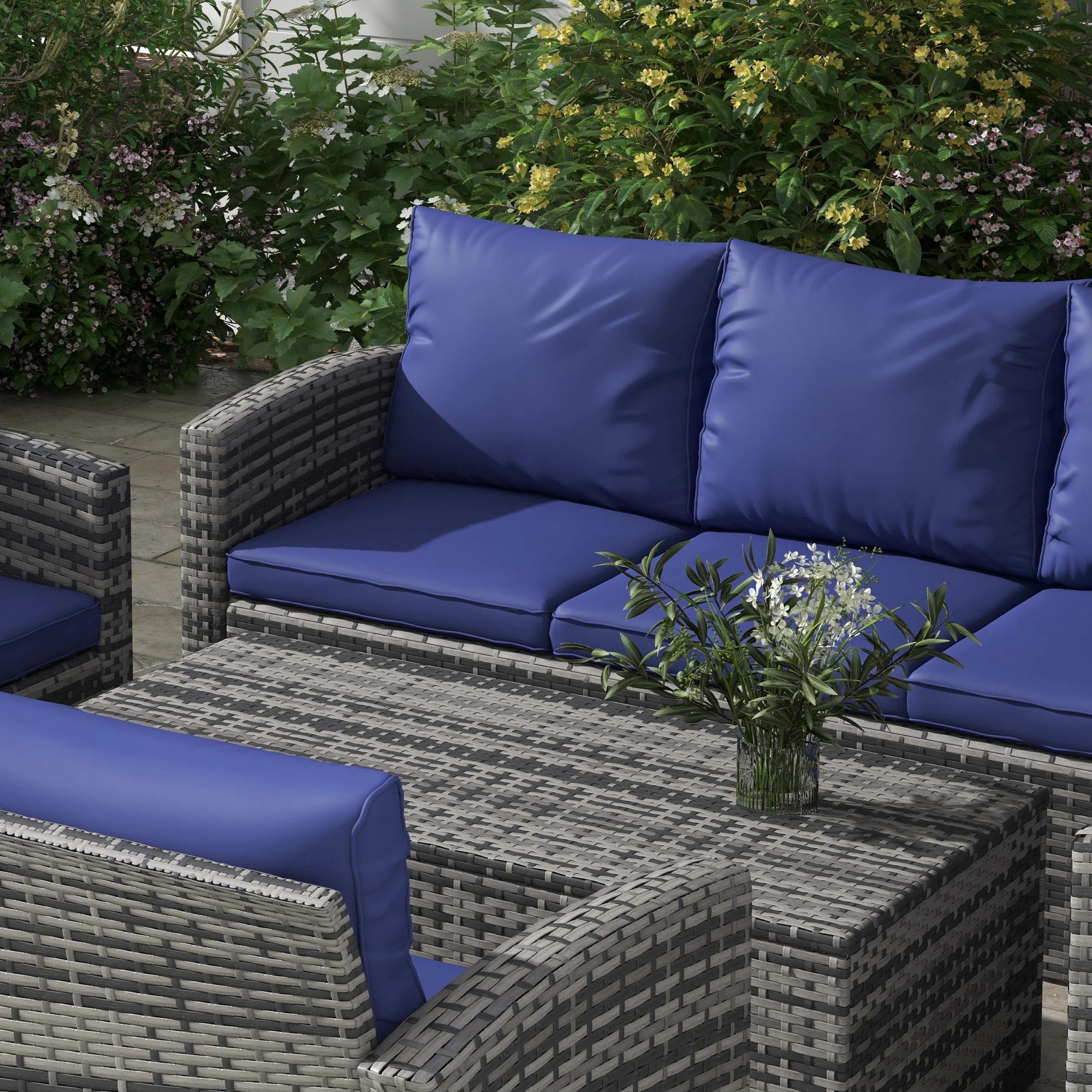 6 Pieces Rattan Sectional Garden Sofa Set with Storage Tea Table & Side Table, Navy Blue - Image 9