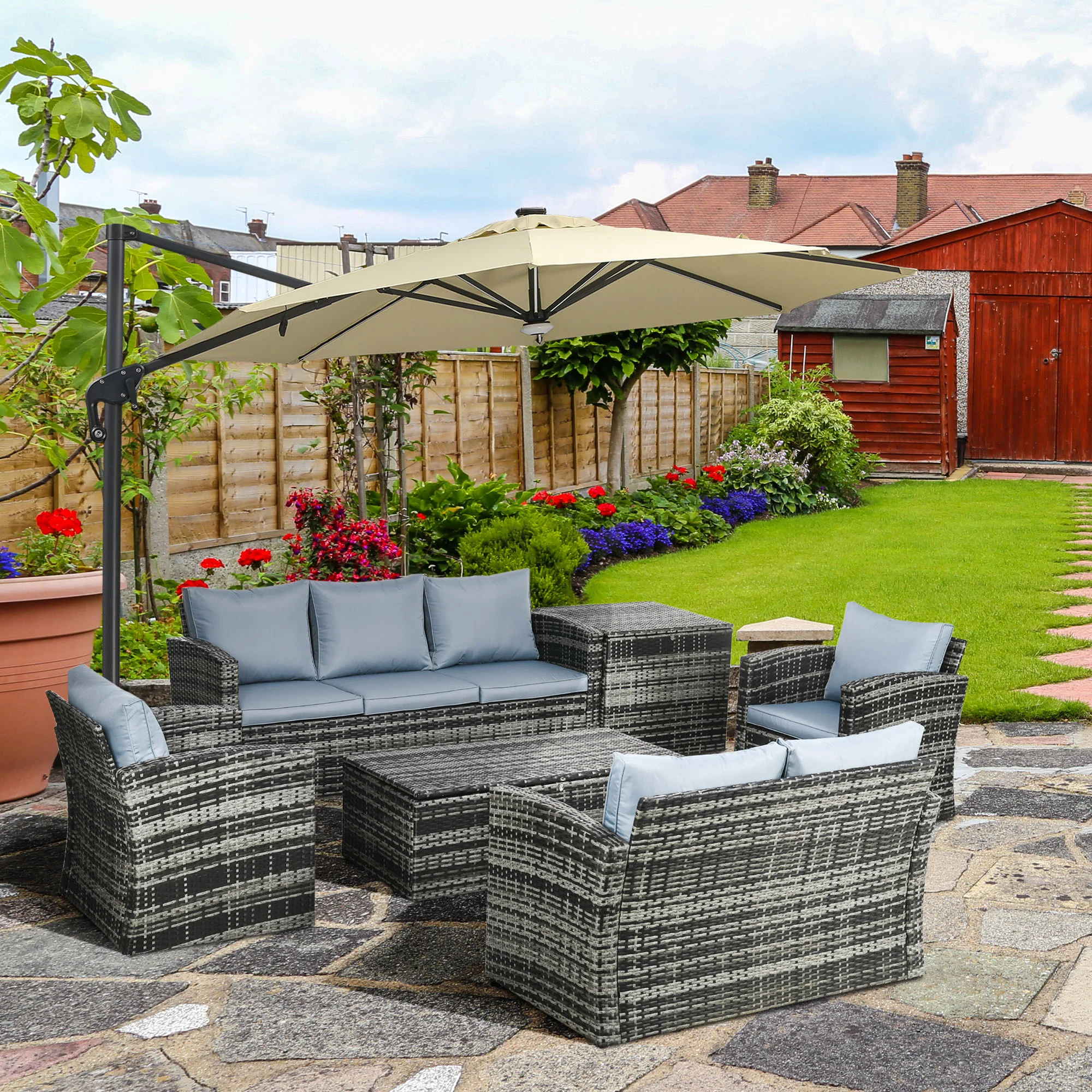 6 Pieces Rattan Sectional Garden Sofa Set with Storage Tea Table & Side Table, Grey - Image 4