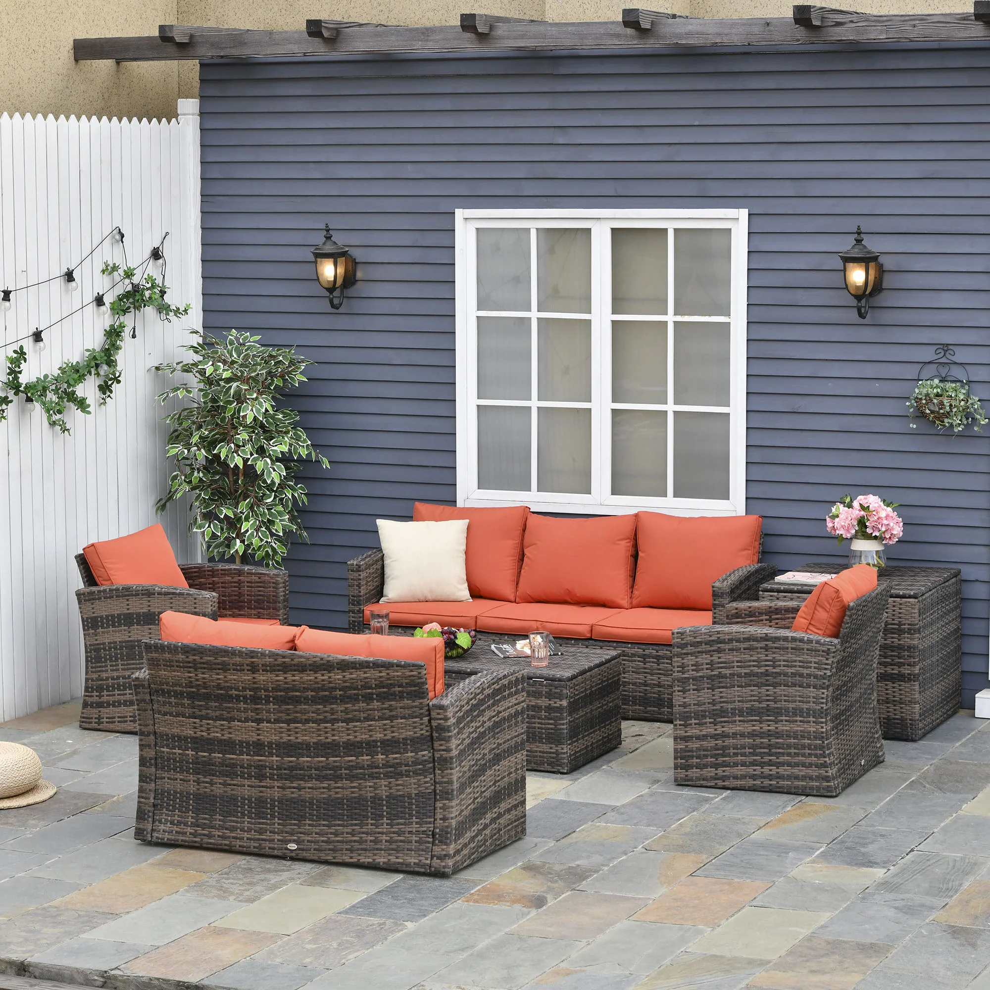 6 Pieces Rattan Sectional Garden Sofa Set with Storage Tea Table & Side Table, Orange - Image 3