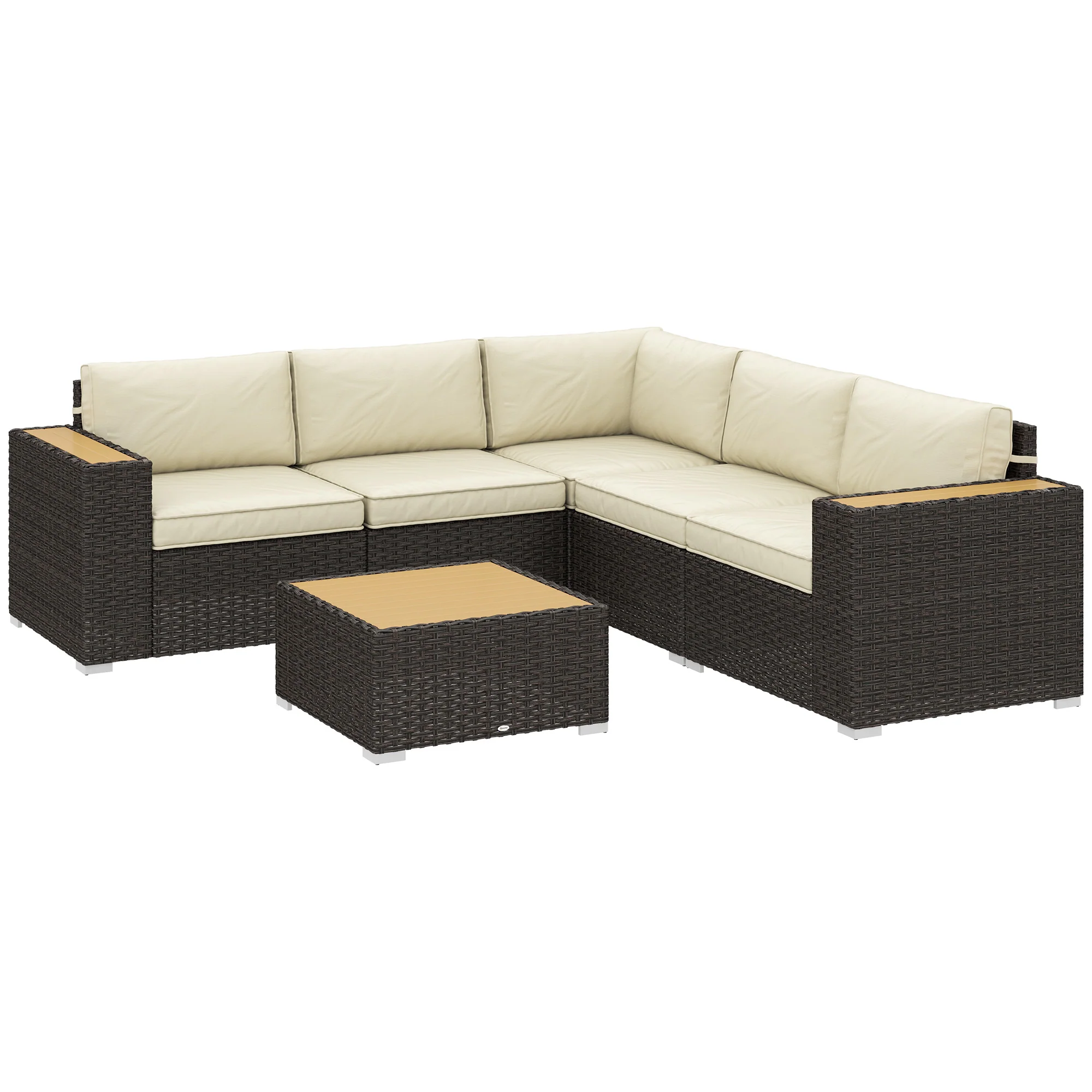 6 Pieces Outdoor Rattan Furniture Set w/ Wood Corner Sofa & Coffee Table, Light Khaki - Image 2