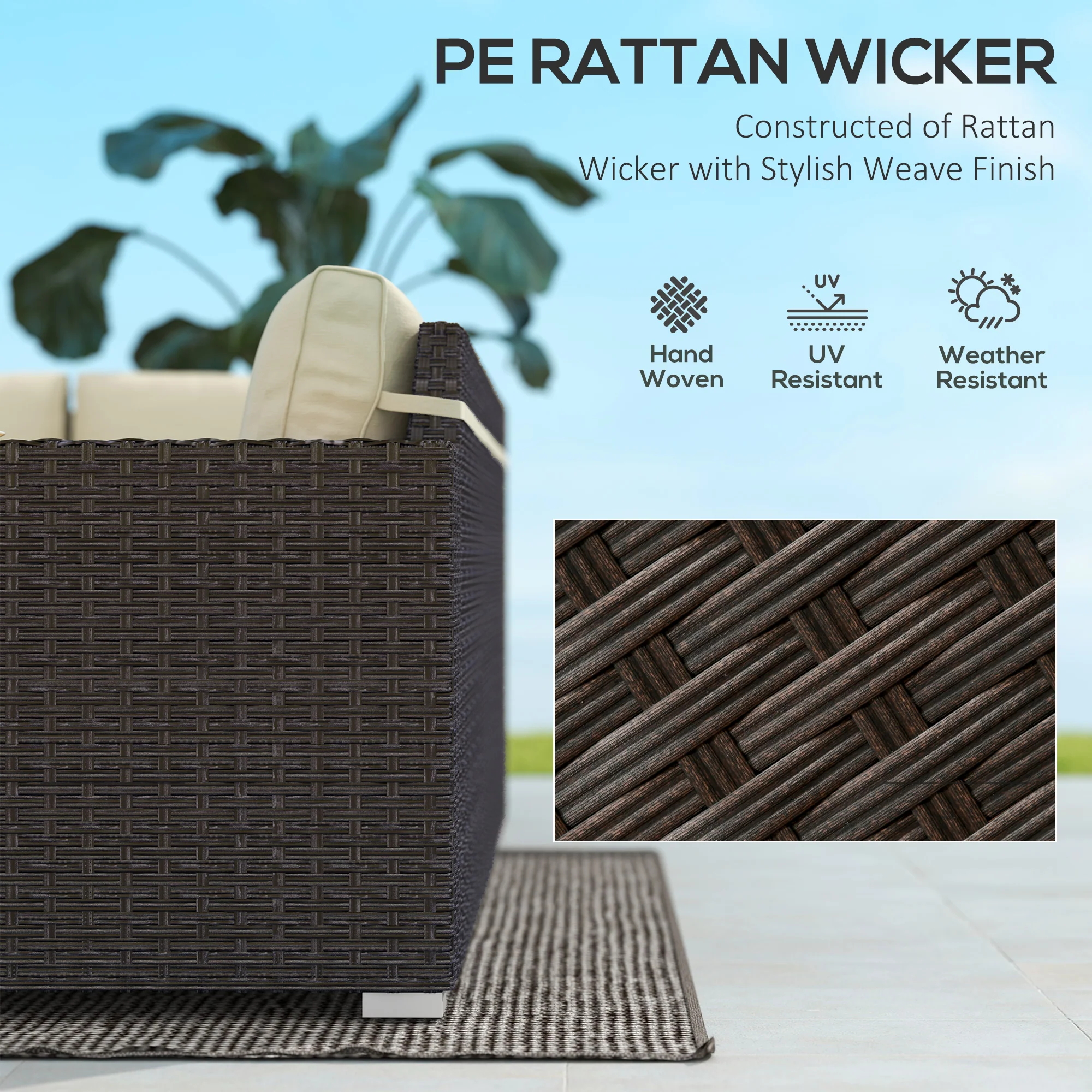 6 Pieces Outdoor Rattan Furniture Set w/ Wood Corner Sofa & Coffee Table, Light Khaki - Image 7