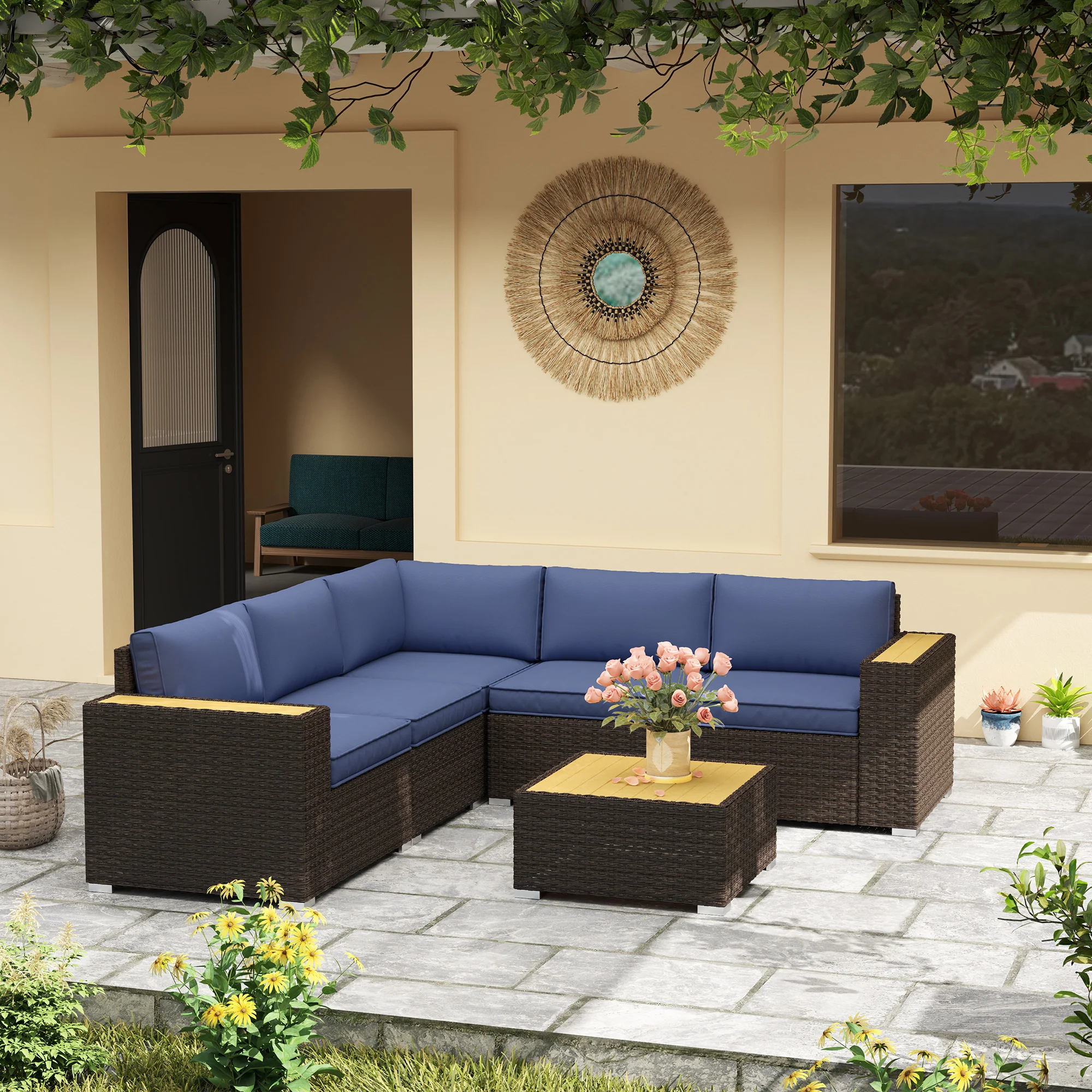 6 Pieces Outdoor Rattan Furniture Set w/ Wood Corner Sofa & Coffee Table, Navy Blue - Image 4