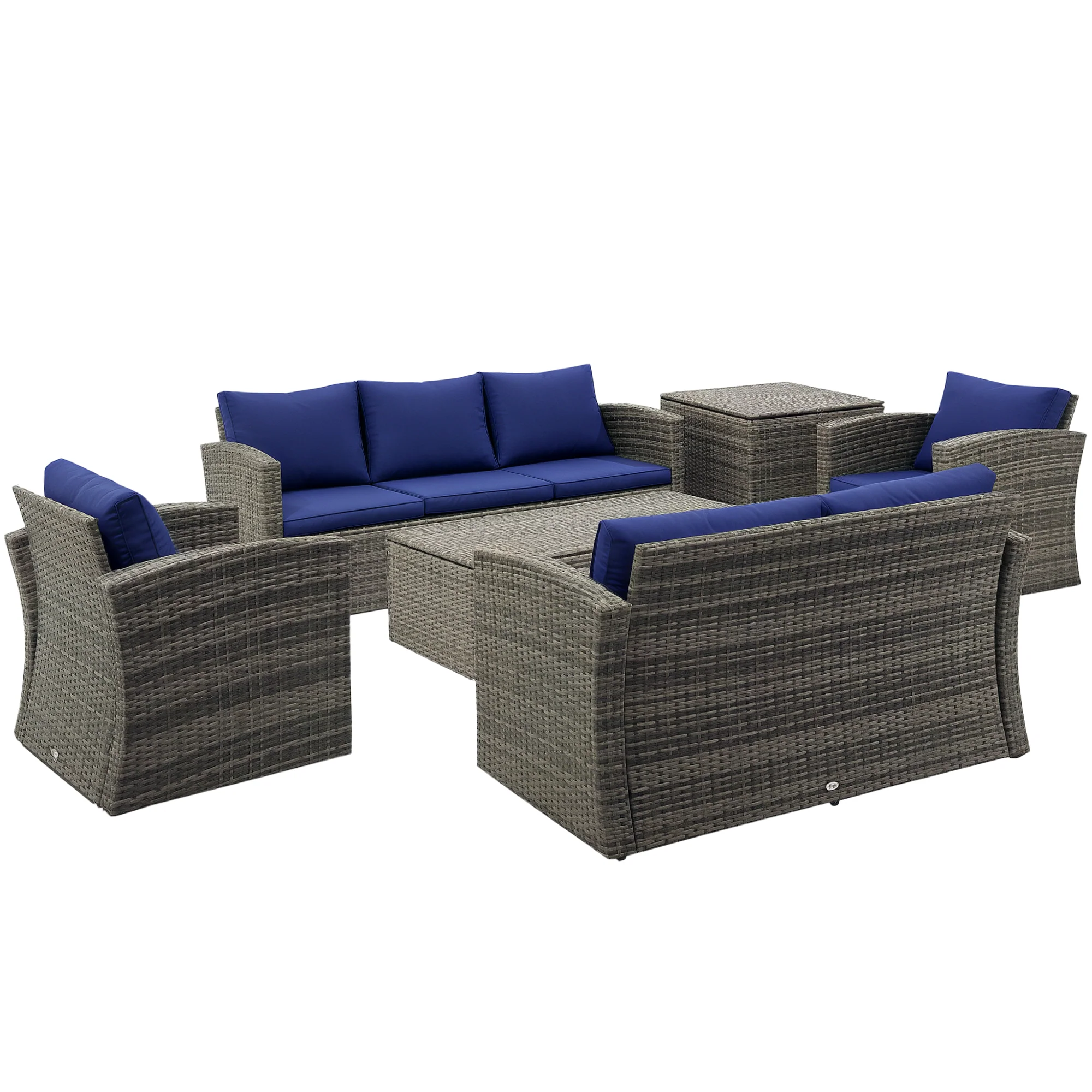 6 Pieces Wicker Patio Furniture Set, 7-Seater Rattan Sofa Set with Storage Table, Navy Blue