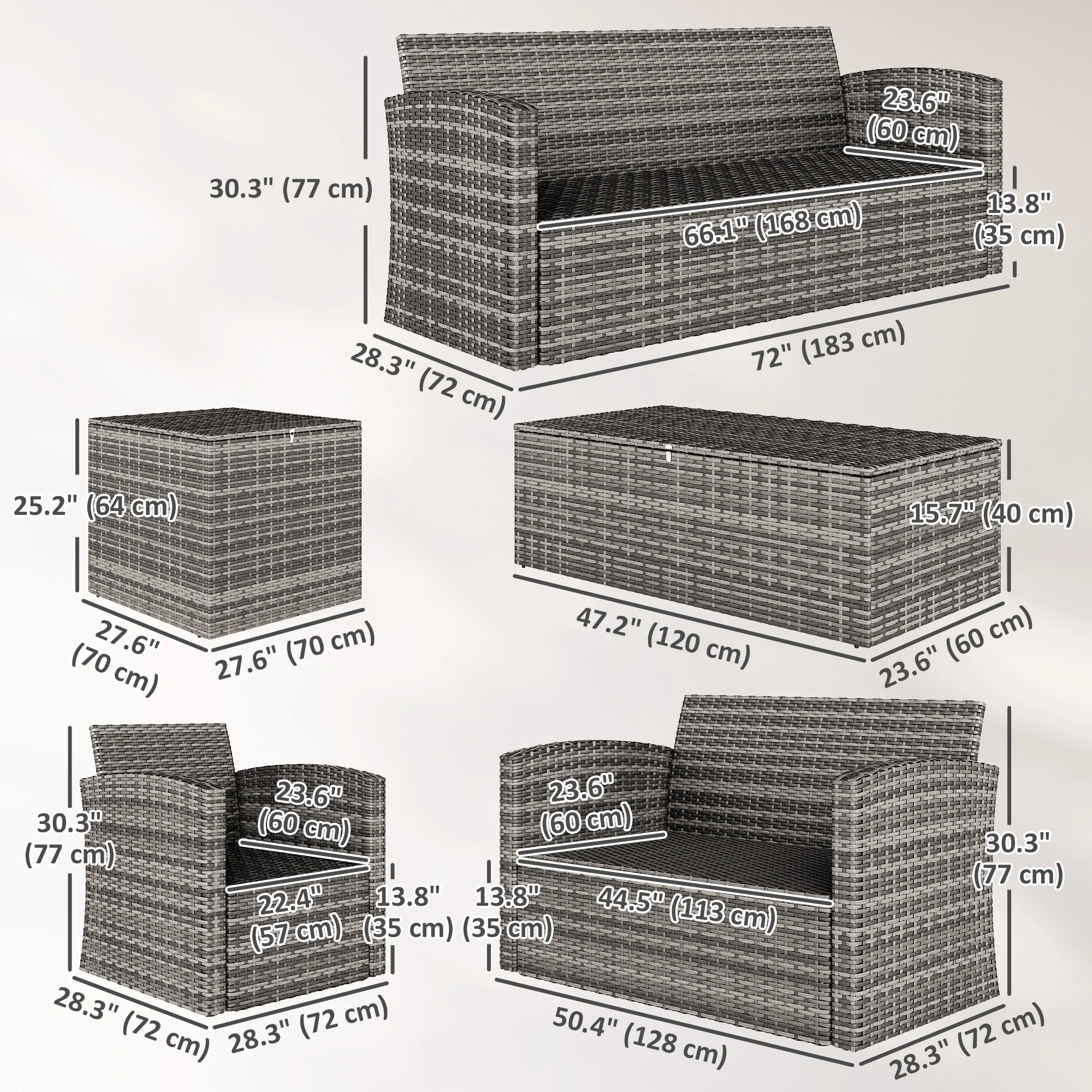 6 Pieces Wicker Patio Furniture Set, 7-Seater Rattan Sofa Set with Storage Table, Navy Blue - Image 5