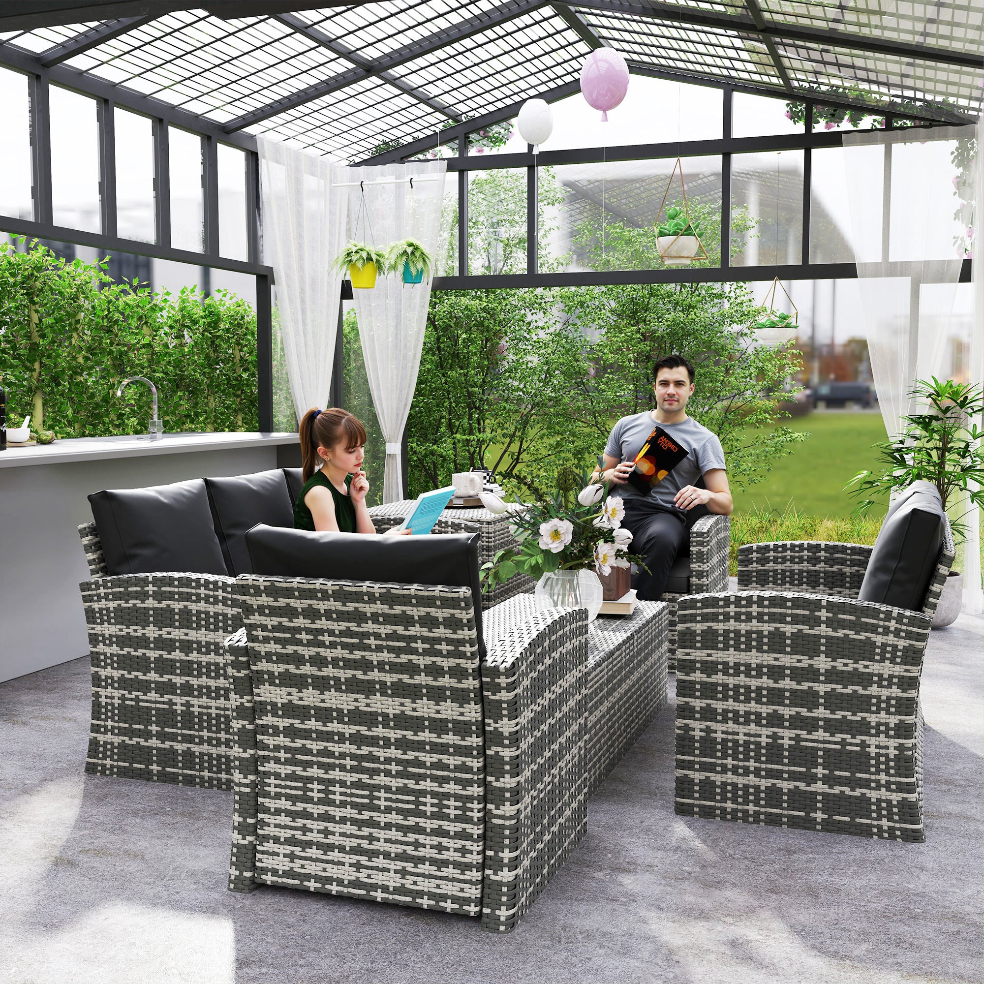 6 Pieces Wicker Patio Furniture Set, 7-Seater Rattan Sofa Set with Storage Table, Black - Image 9