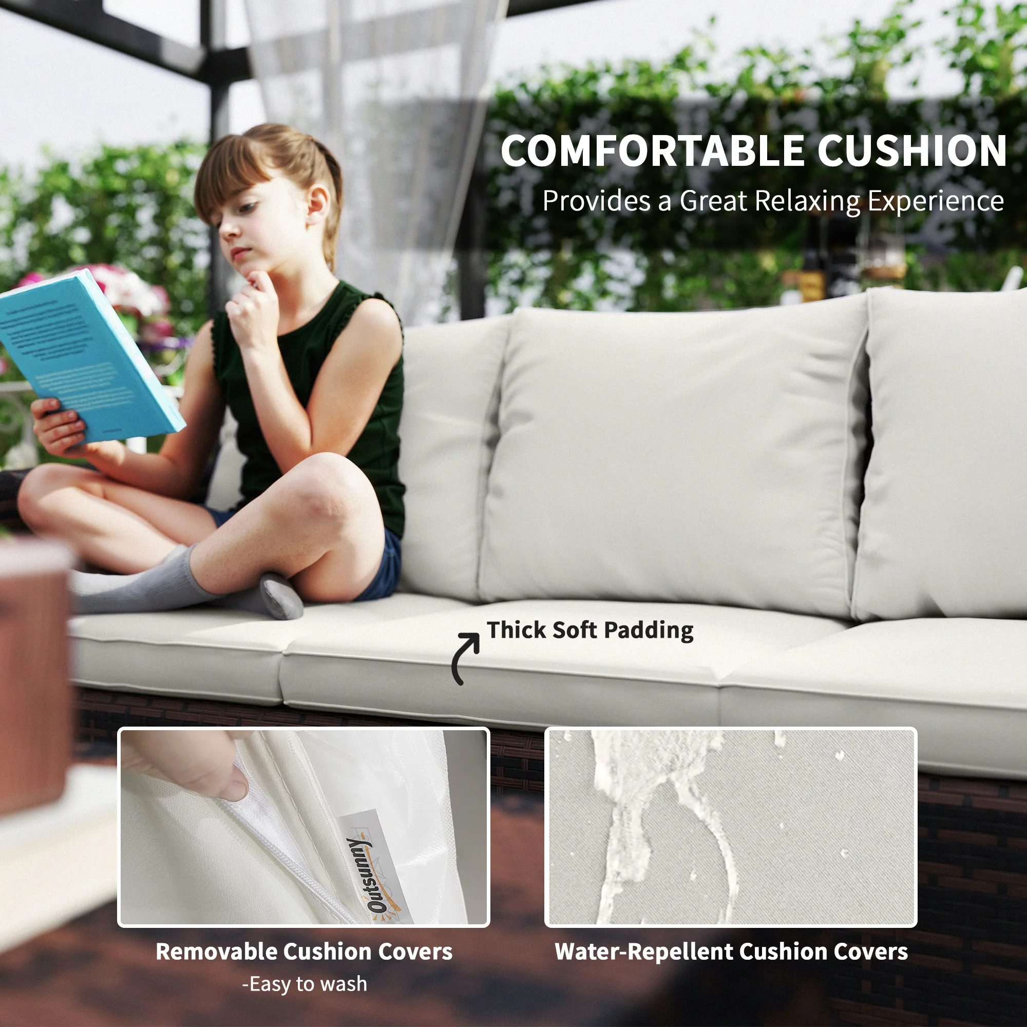 6 Pieces Wicker Patio Furniture Set, 7-Seater Rattan Sofa Set with Storage Table, Cream White - Image 7