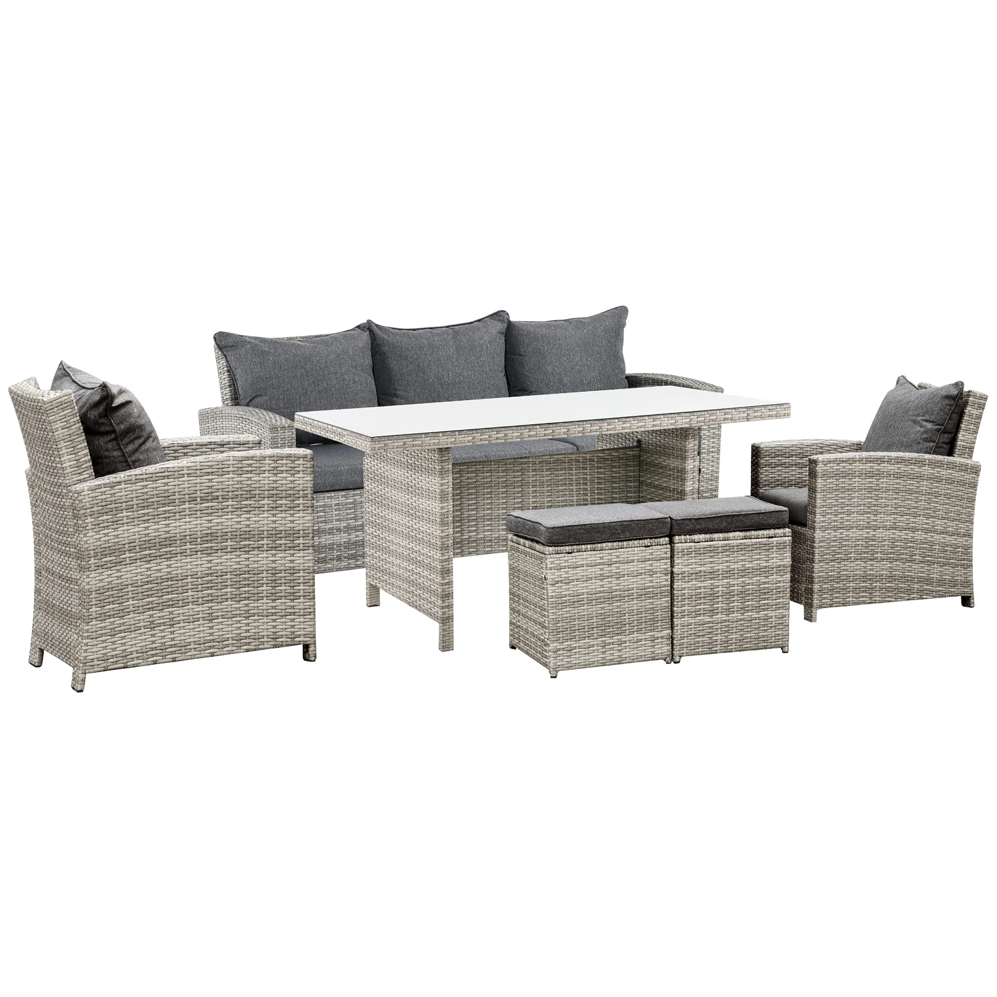 6 Pcs Rattan Outdoor Furniture Set with 3 Seater Sofa, Footstools & Table, Light Grey - Image 12