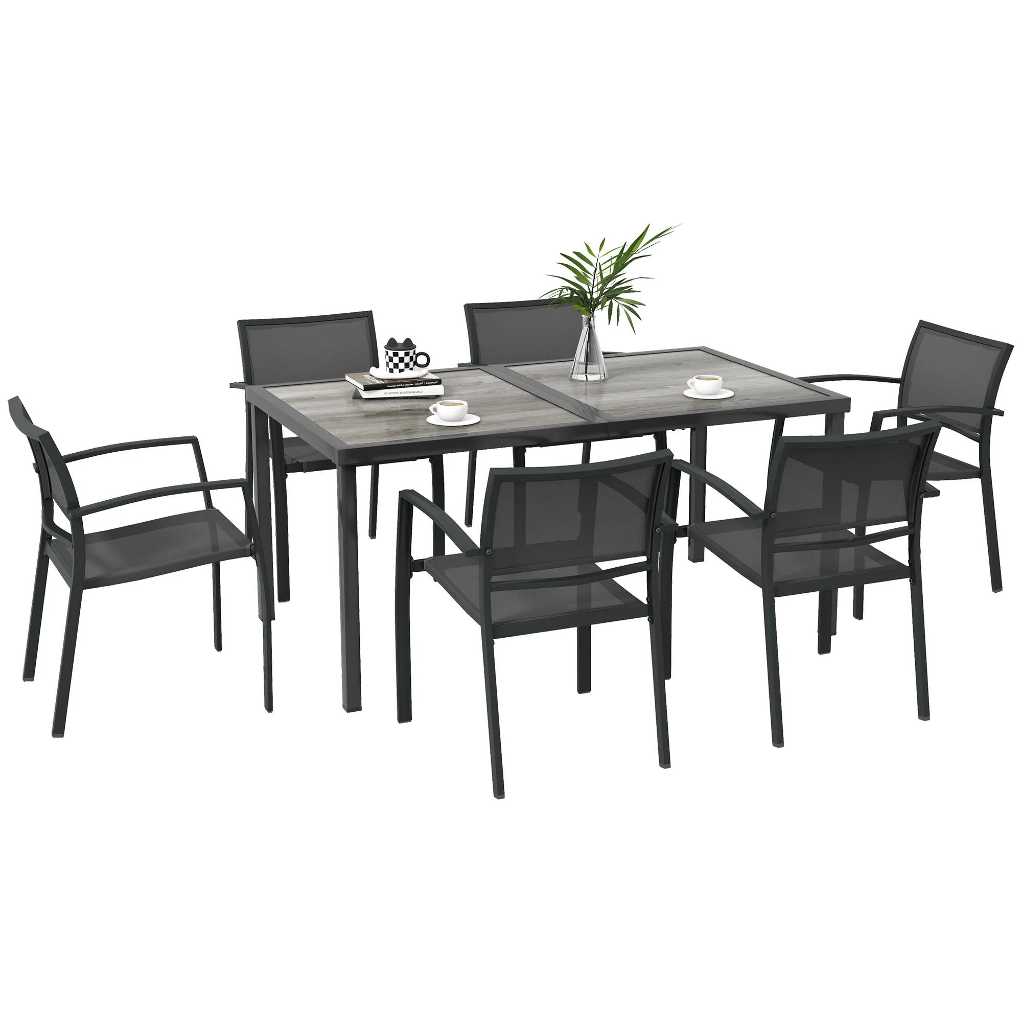 6 Seater Garden Dining Set, Stackable Armchairs and Wood-like Top Table, Space-Saving Outdoor Table and Chairs with Breathable Mesh Seat, Garden Furniture Set, Grey