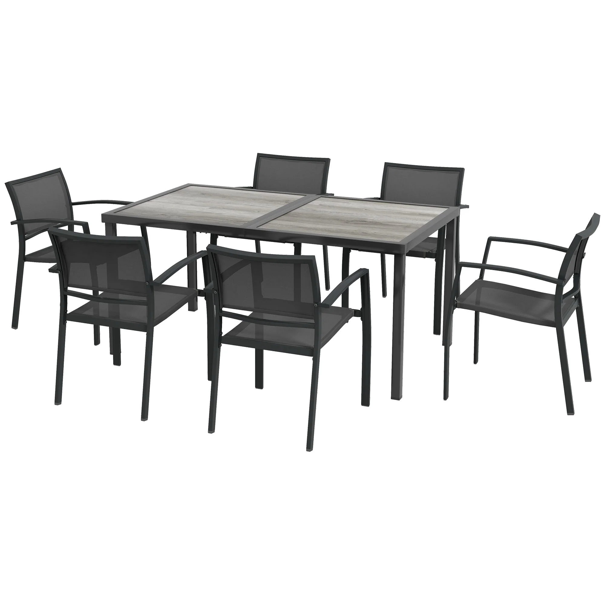 6 Seater Garden Dining Set, Stackable Armchairs and Wood-like Top Table, Space-Saving Outdoor Table and Chairs with Breathable Mesh Seat, Garden Furniture Set, Grey - Image 2