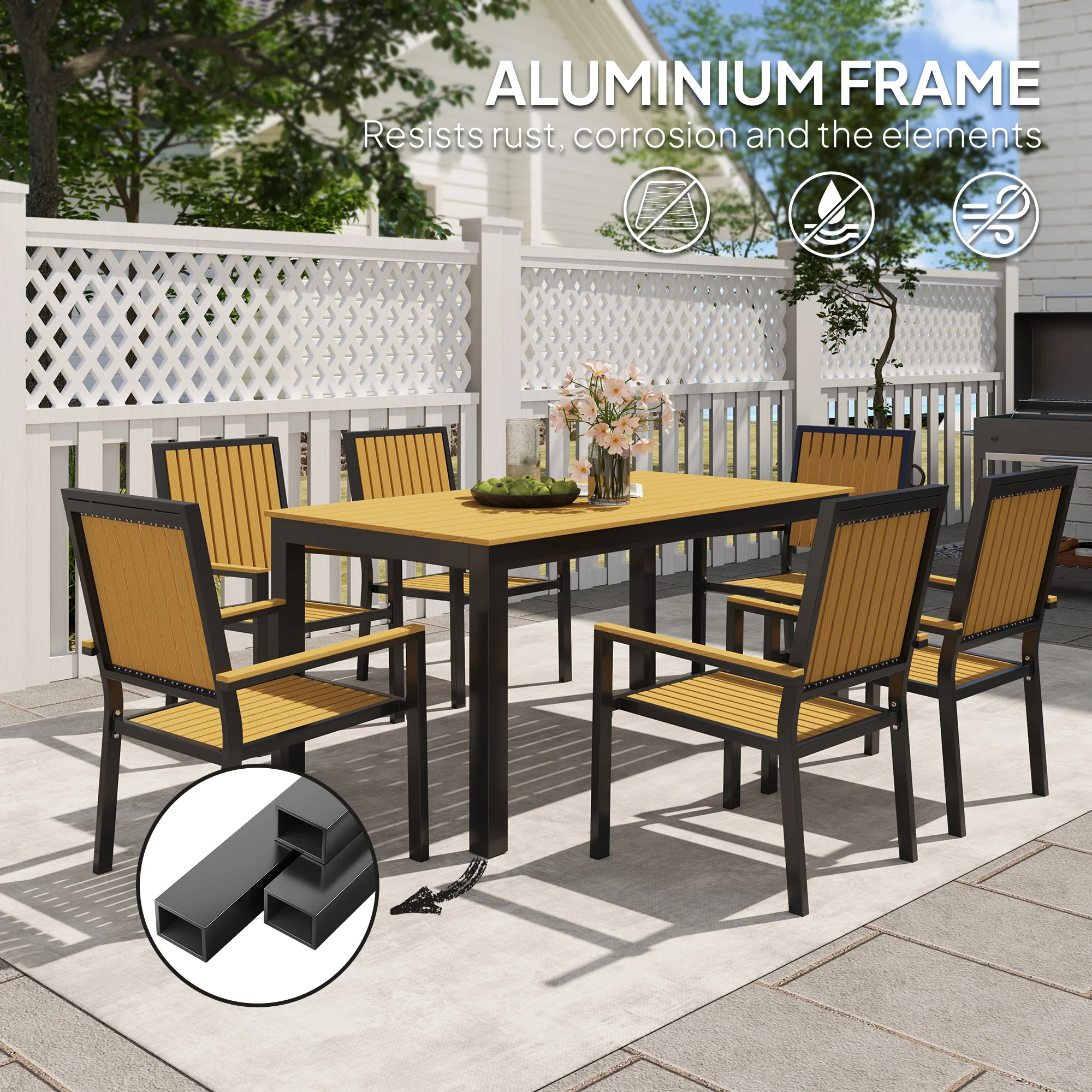 6 Seater Garden Dining Set with Stackable Chairs, Aluminium Frame, Rectangular Plastic Top, Garden Furniture Set, Outdoor Dining Table and Chairs for Patio, Balcony, Poolside, Nature Wood - Image 6