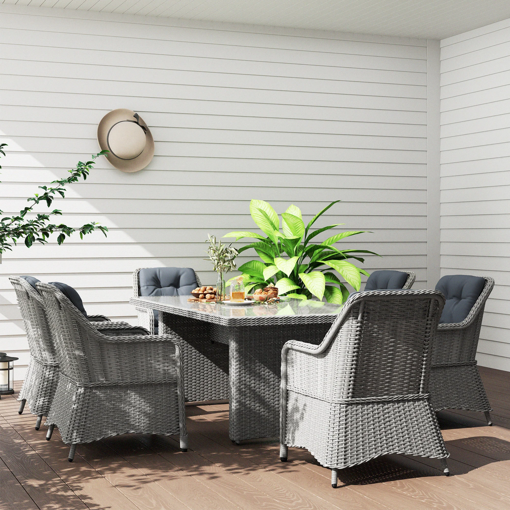 6 Seater Rattan Dining Set with Seat and Back Cushions, Armchairs & Aluminium Table, Grey - Image 9