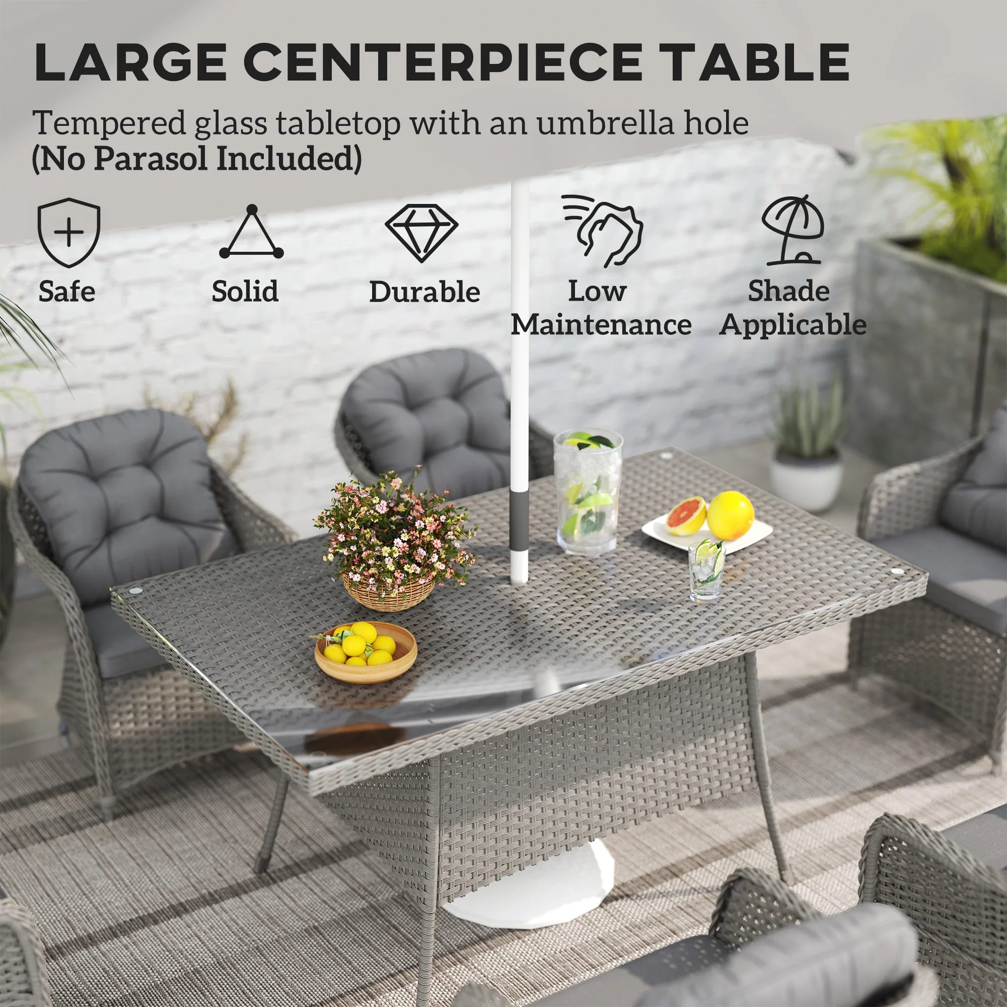 6 Seater Rattan Dining Set with Cushions, Parasol Hole & Glass Top Table, Light Grey - Image 7