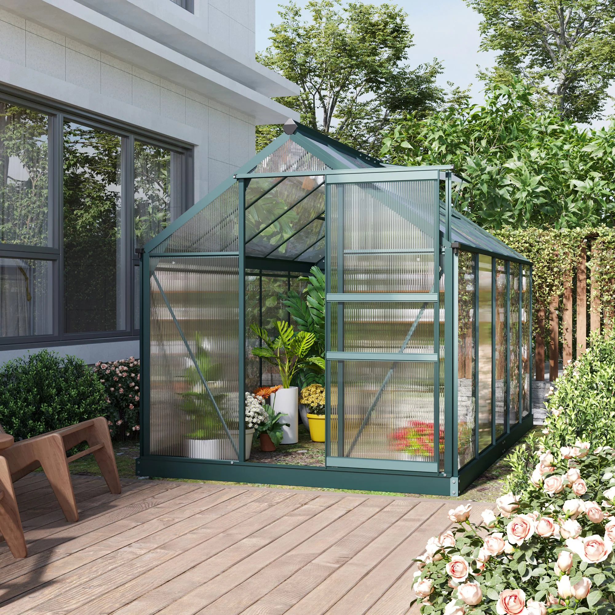 BloomGreen 6 x 10ft Large Polycarbonate Greenhouse with Aluminium Frame, Slide Door & Window, Dark Green - Image 3