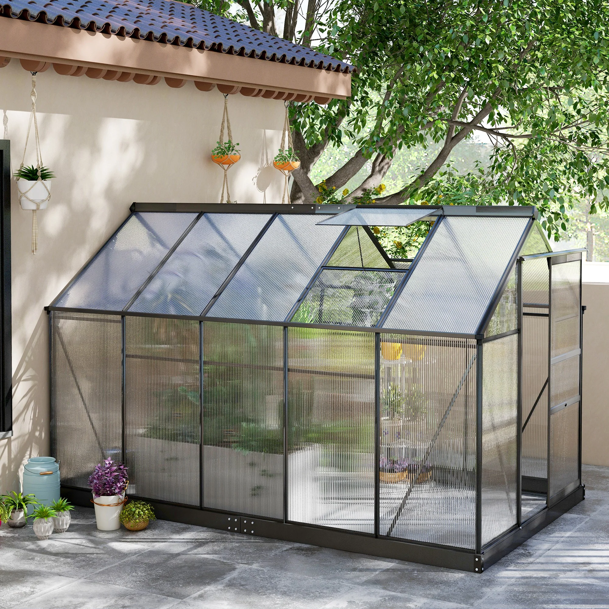 BloomGreen 6 x 10ft Large Polycarbonate Greenhouse with Aluminium Frame, Slide Door & Window, Grey - Image 3