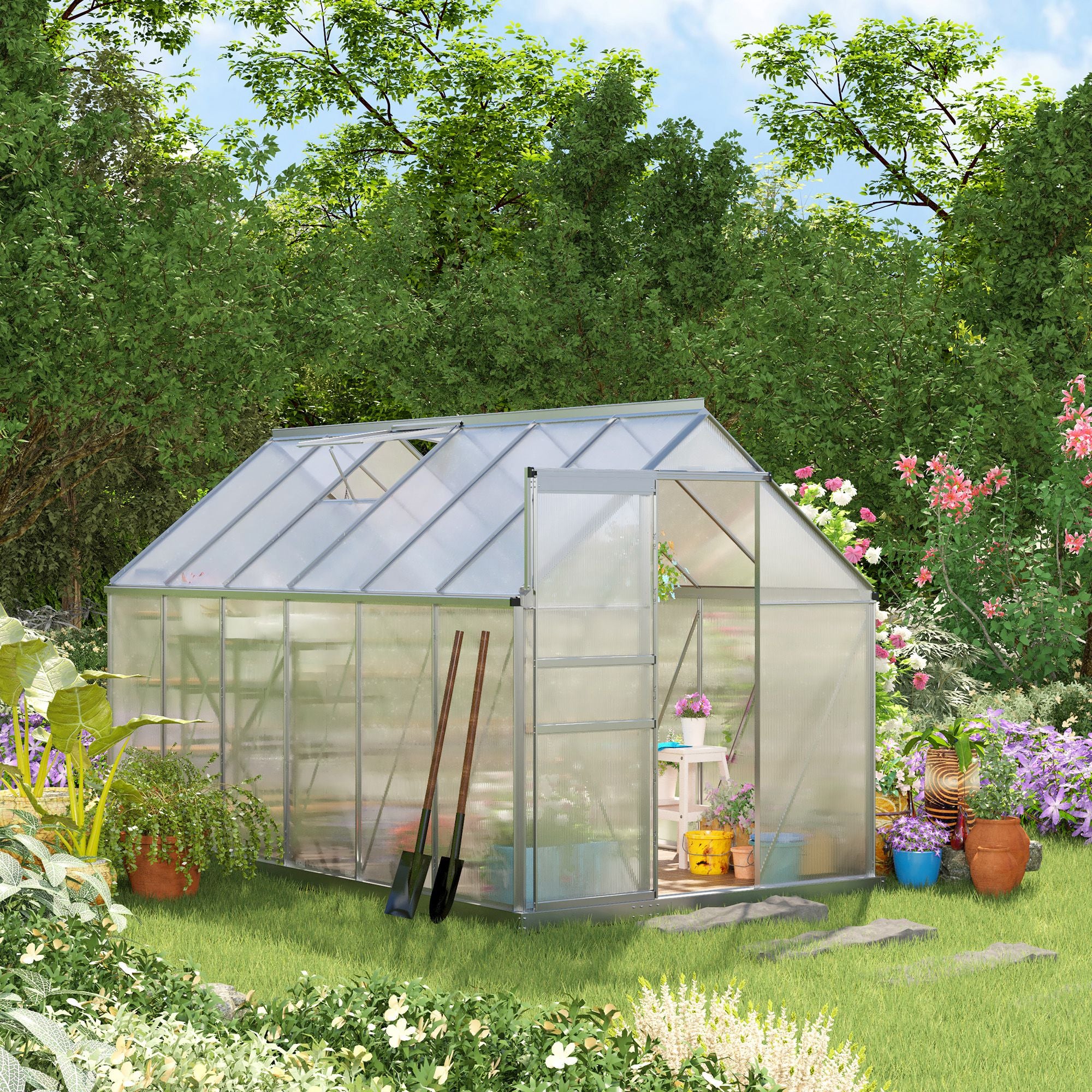 BloomGreen 6' x 12' x 6.5' Polycarbonate Greenhouse with Adjustable Roof Vent & Sliding Door, Clear - Image 4