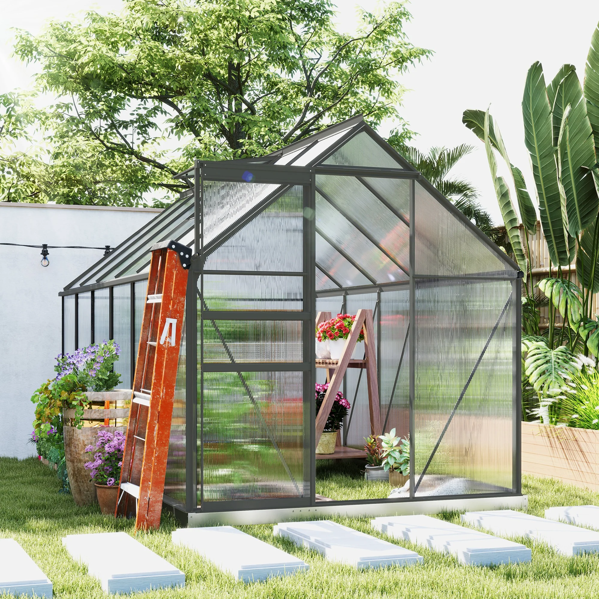 BloomGreen 6' x 12' x 6.5' Polycarbonate Greenhouse with Adjustable Roof Vent & Sliding Door, Charcoal Grey - Image 10
