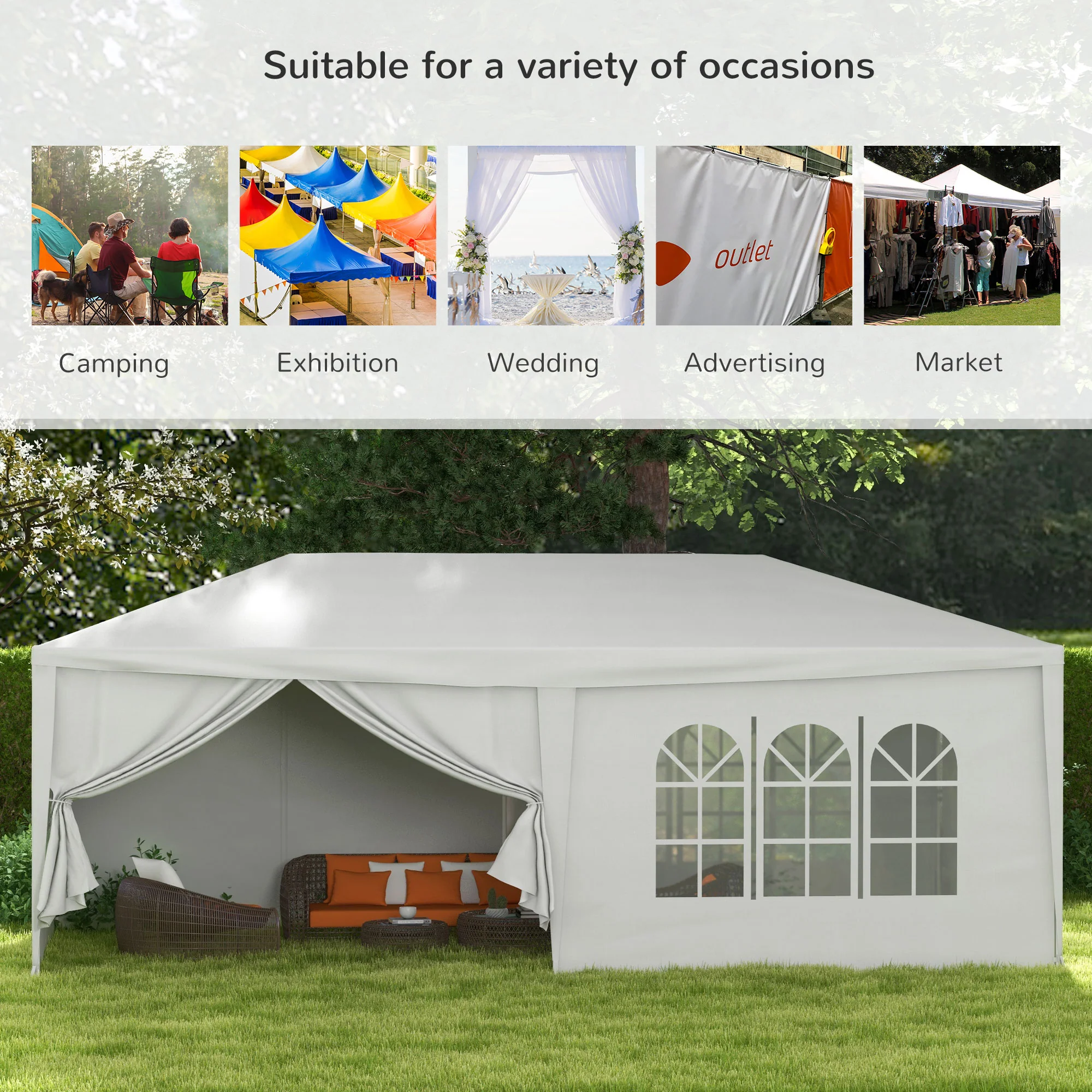 6 x 3 m Party Tent with Canopy, Windows and 6 Removable SideWalls for Outdoor Event, White - Image 9
