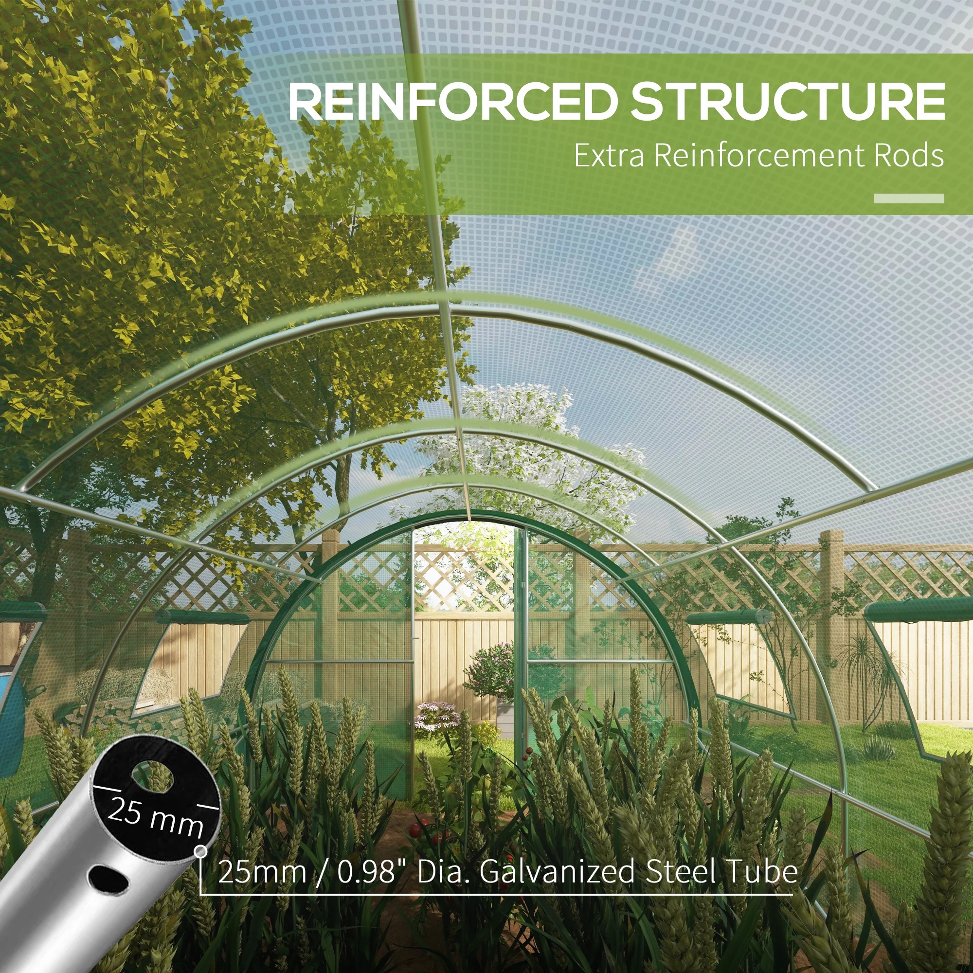 6 x 3m Walk-in Polytunnel Greenhouse with 2 Hinged Doors & 8 Mesh Windows, Green - Image 7