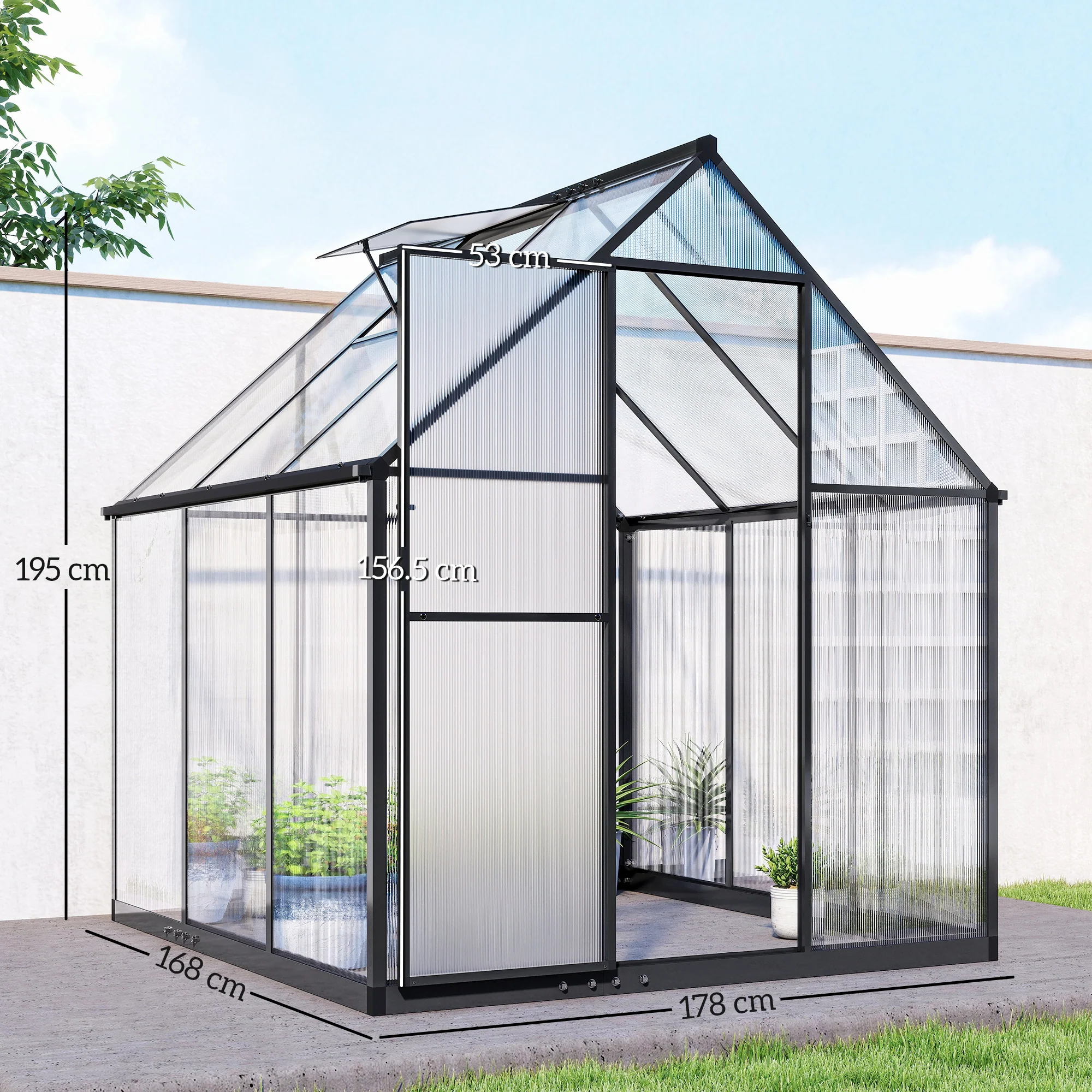 6 x 6.5ft Polycarbonate Greenhouse with Swing Door and Adjustable Window, Walk-in Greenhouse with Rain Gutter, Aluminium Garden Green House for Patio Garden Backyard, Black - Image 5