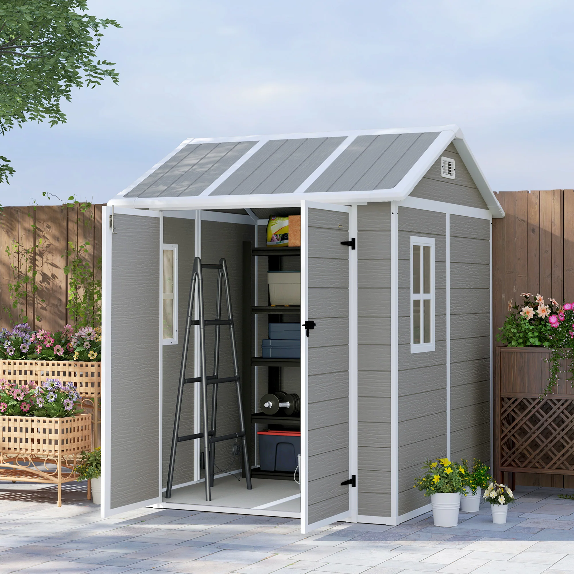 6' x 6' Resin Plastic Outdoor Storage Shed with Floor, Window and Lockable Doors, Grey - Image 3