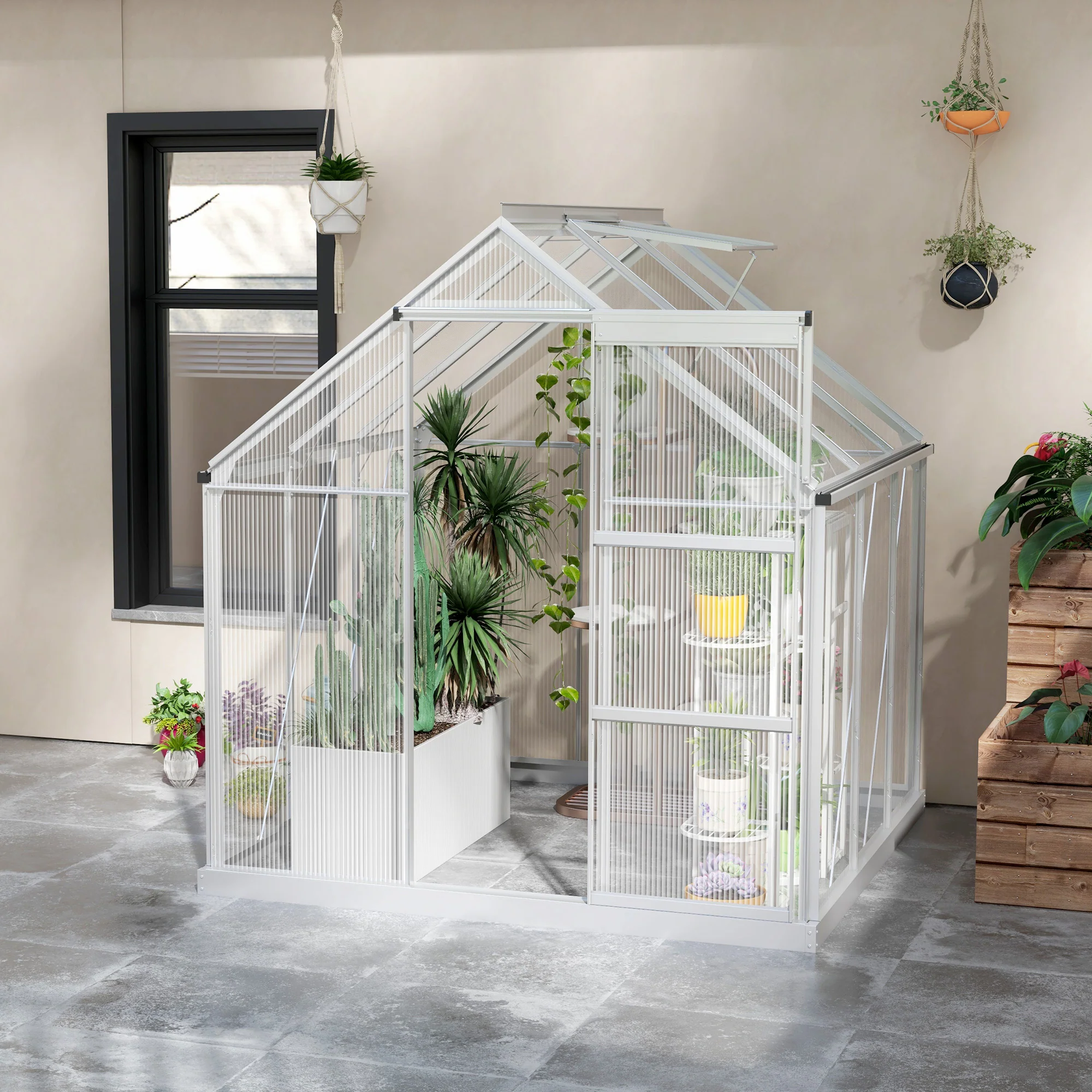 BloomGreen 6' x 6' Polycarbonate Greenhouse with Aluminum Frame & Rain Gutter, Silver - Image 10