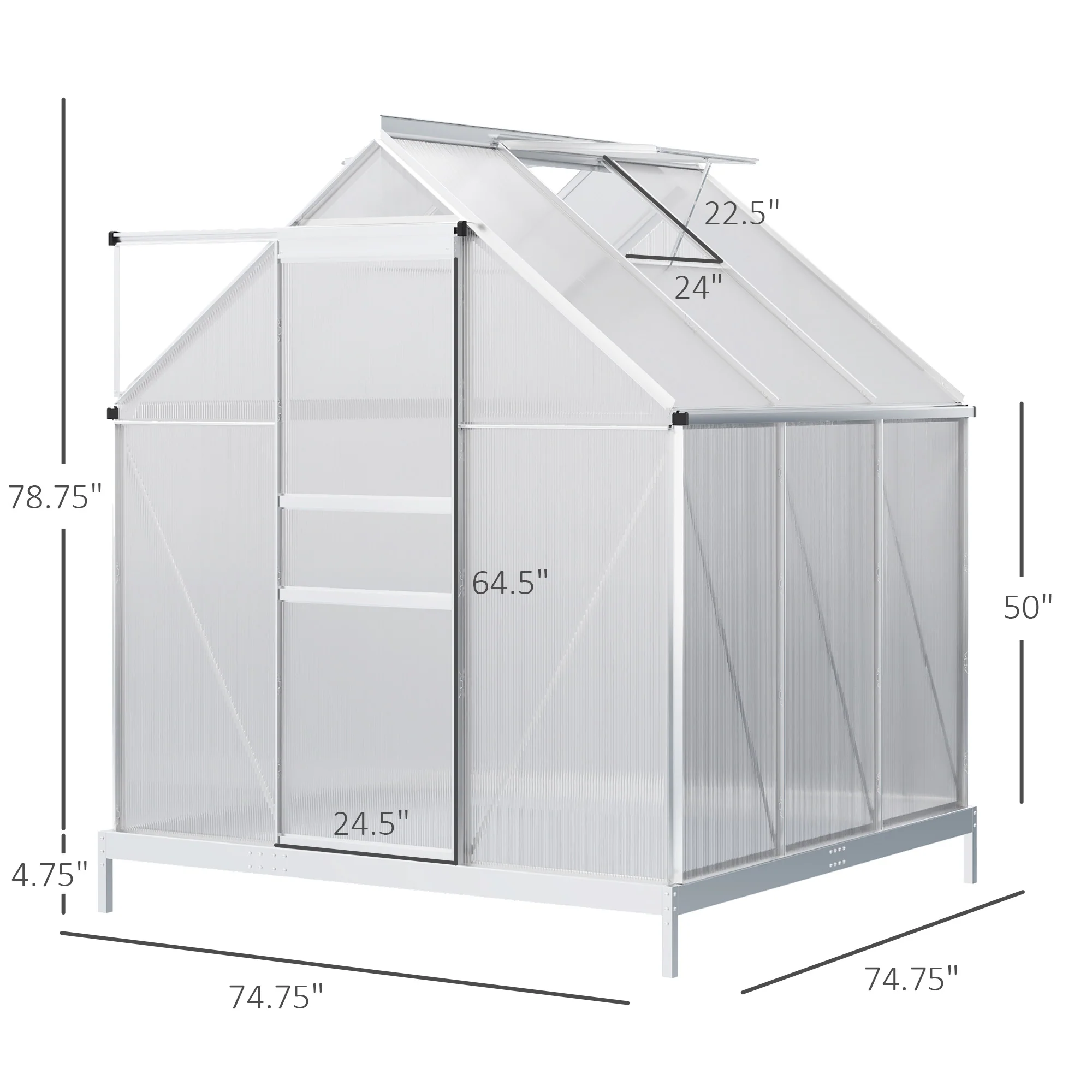 6' x 6' x 6.5' Polycarbonate Greenhouse with Adjustable Roof Vent & Sliding Door, Clear - Image 5