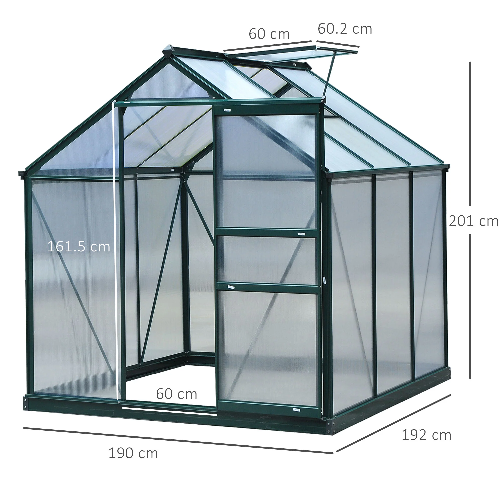 BloomGreen 6 x 6ft Large Polycarbonate Greenhouse with Aluminium Frame, Slide Door & Window, Dark Green - Image 5