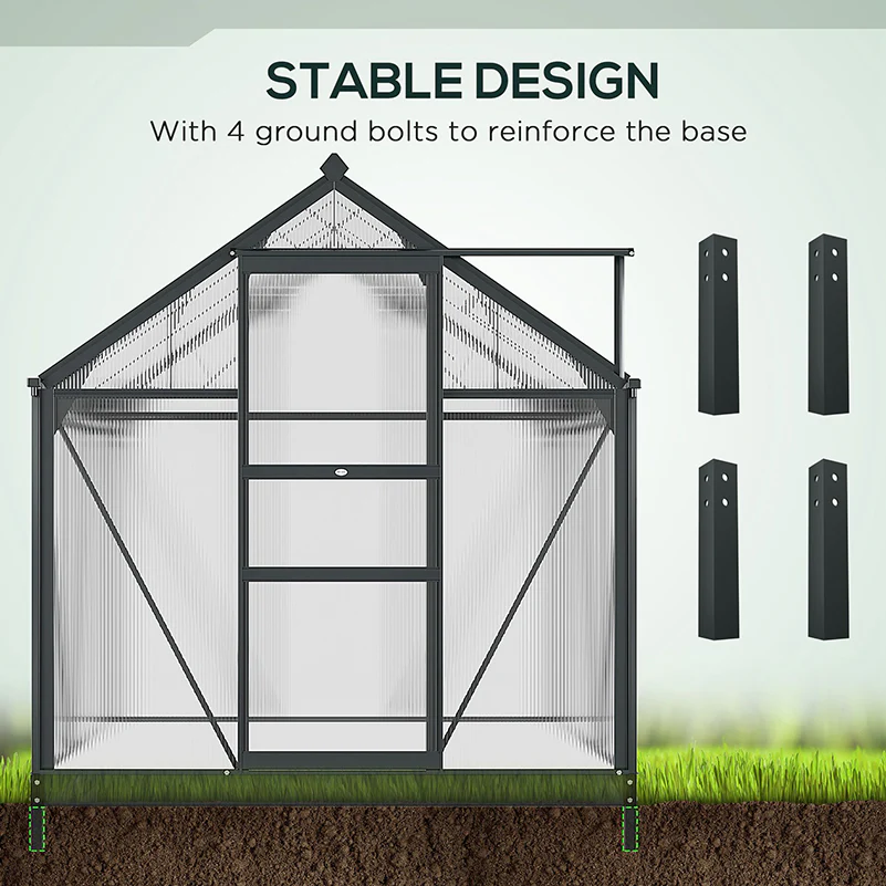 BloomGreen 6 x 6ft Large Polycarbonate Greenhouse with Aluminium Frame, Slide Door & Window, Grey - Image 8