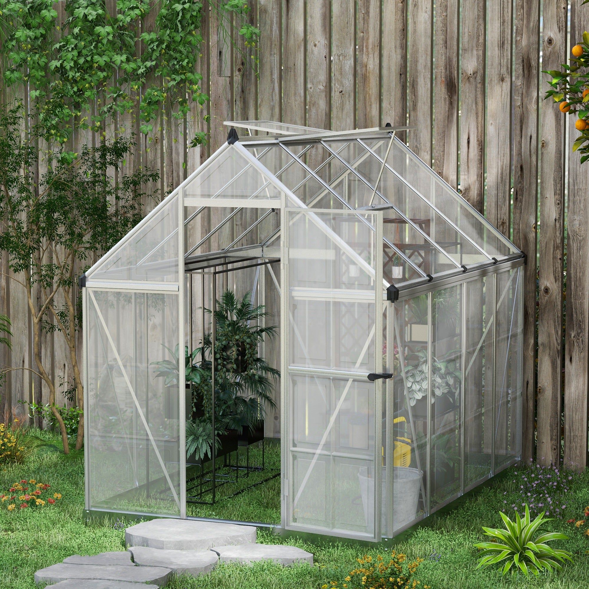 BloomGreen 6' x 8' Polycarbonate Greenhouse with 2 Panel Types, Hinged Door, 5 Roof Vents, Aluminum Frame - Image 4