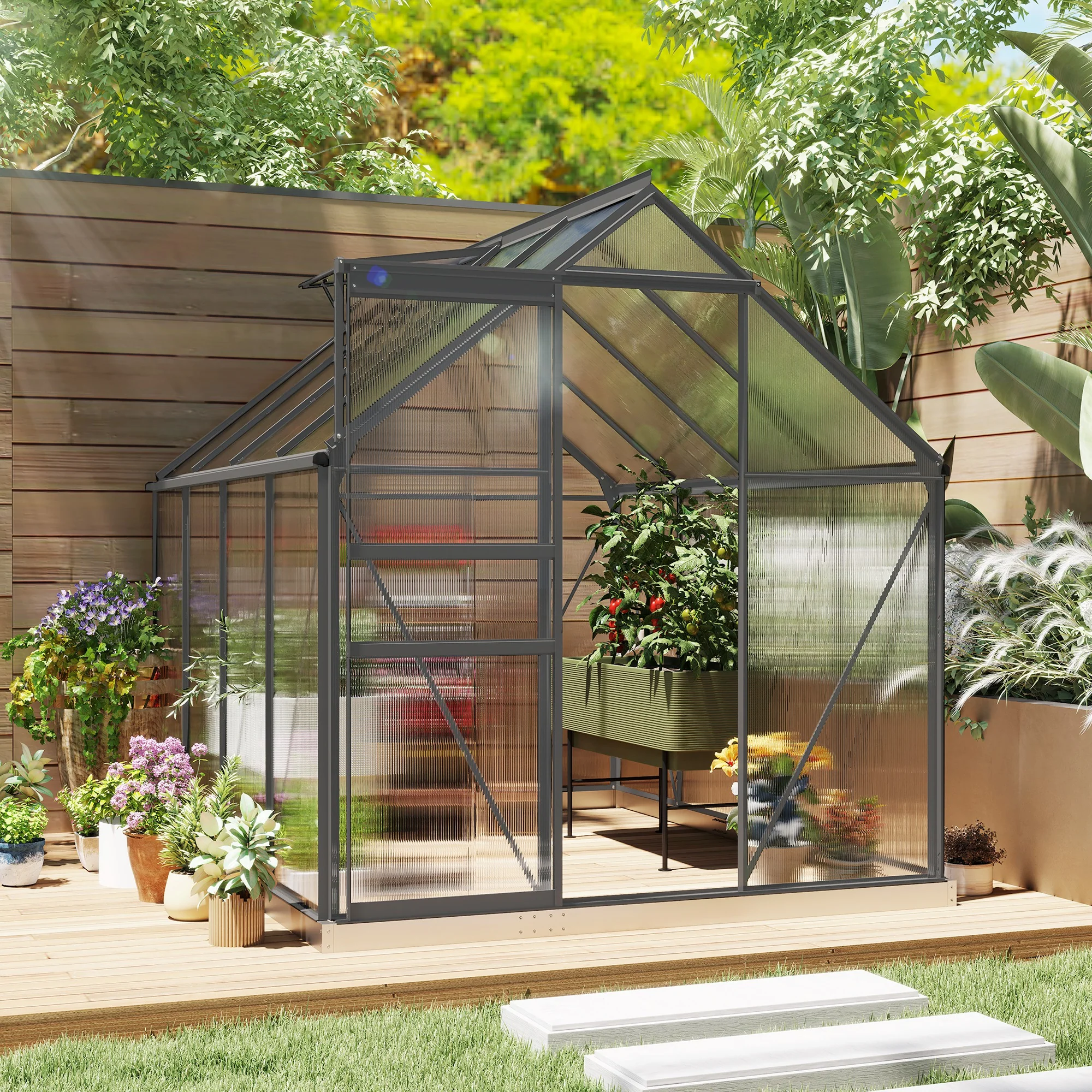 BloomGreen 6' x 8' x 6.5' Polycarbonate Greenhouse with Adjustable Roof Vent & Sliding Door, Charcoal Grey - Image 3