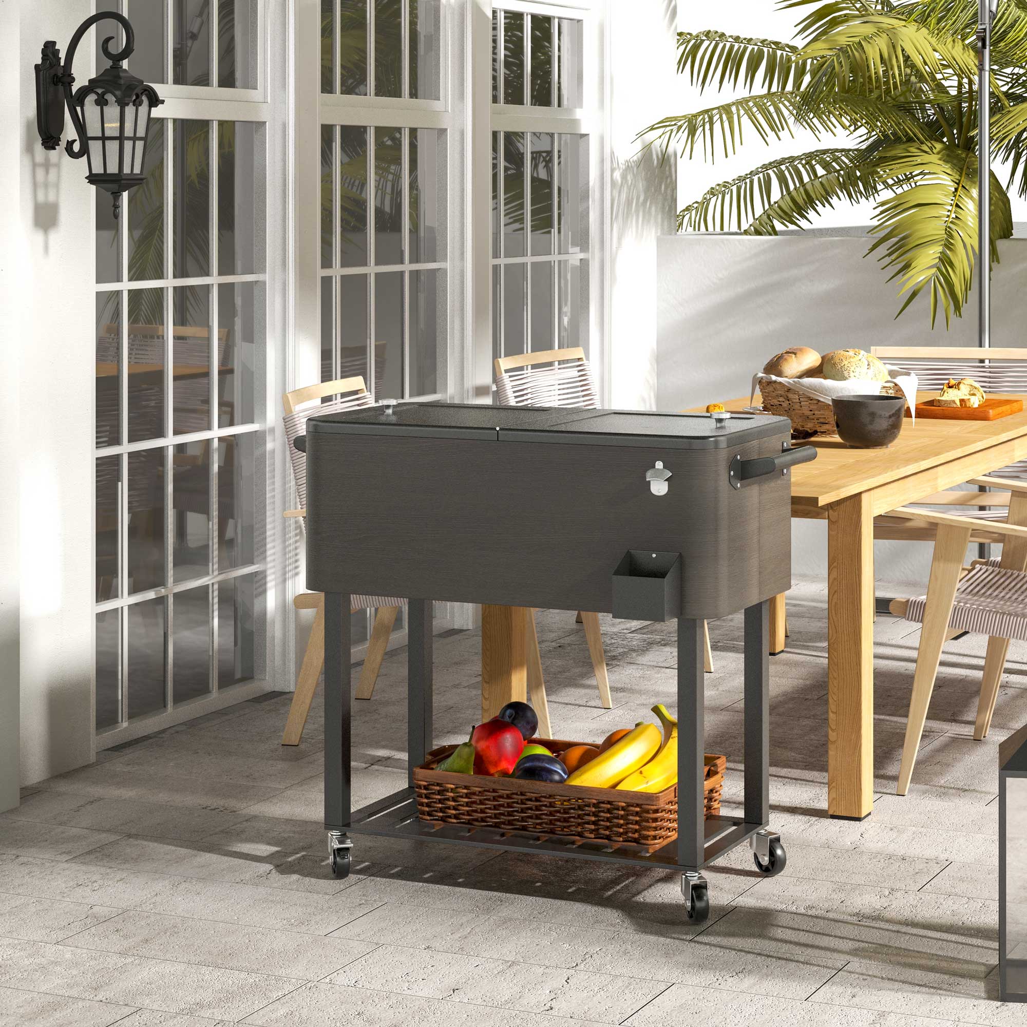 67-Qt Patio Cooler Cart with Storage Shelf & Wheels, Grey - Image 4