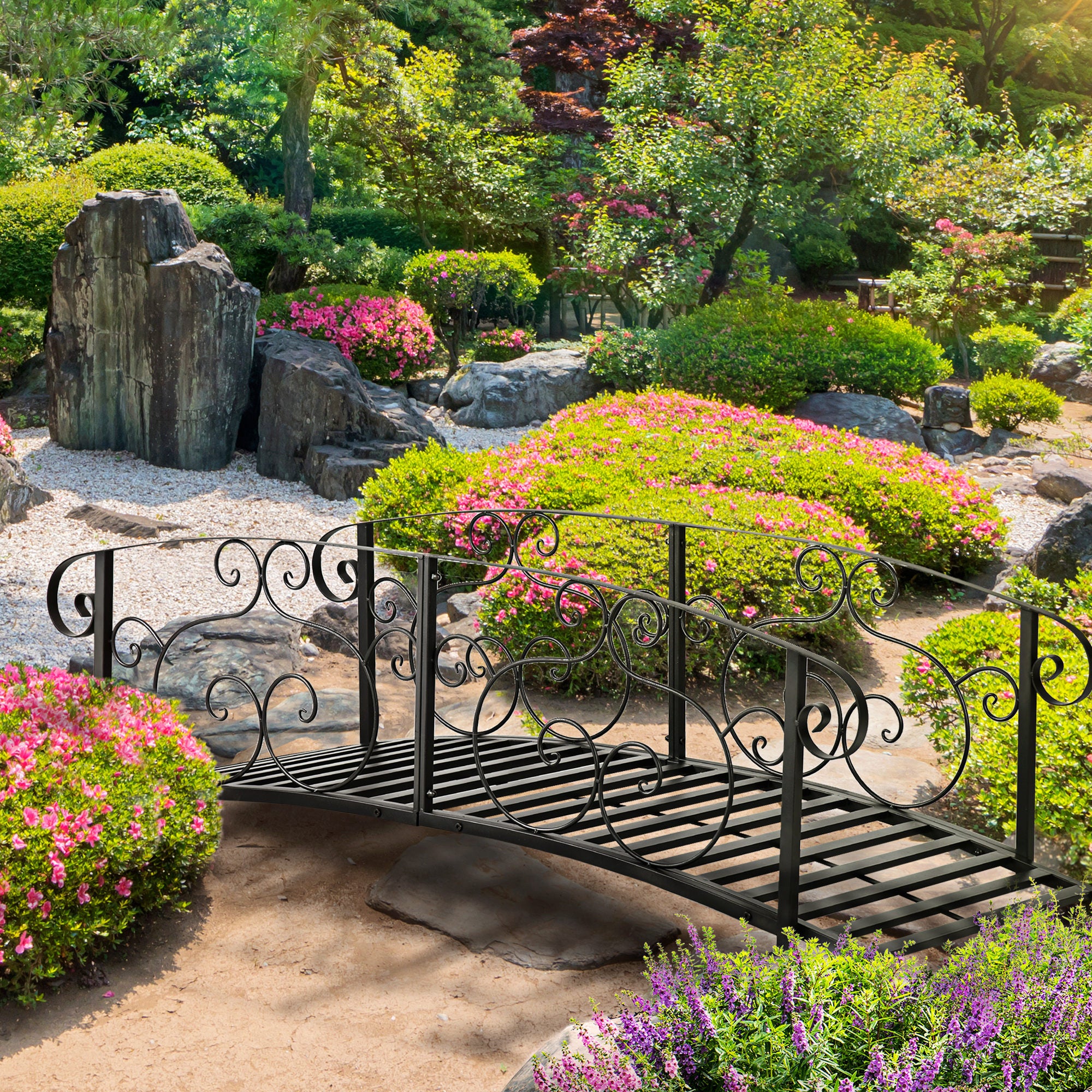 6FT Steel Arch Decorative Arc Landscaping Bridge with Safety Siderails for Backyard, Black - Image 4