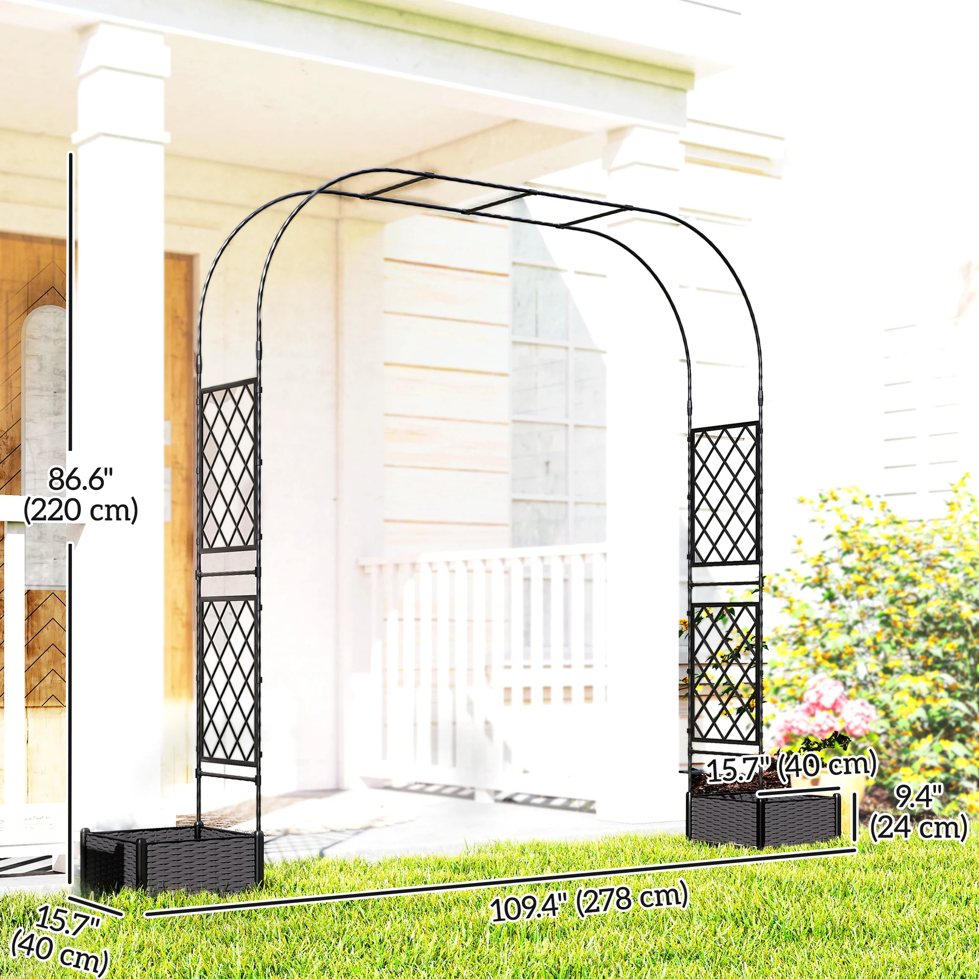 Garden Arch Outdoor Trellis Arbor with 2 Planter Boxes, 109.4" x 15.7" x 86.6", Black - Image 5
