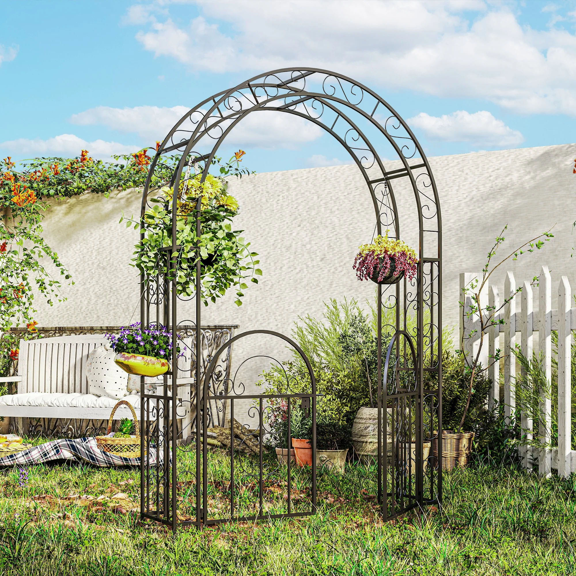 7.4ft Steel Garden Arch with Gate, Garden Arbor Trellis for Climbing Plants, Black - Image 4