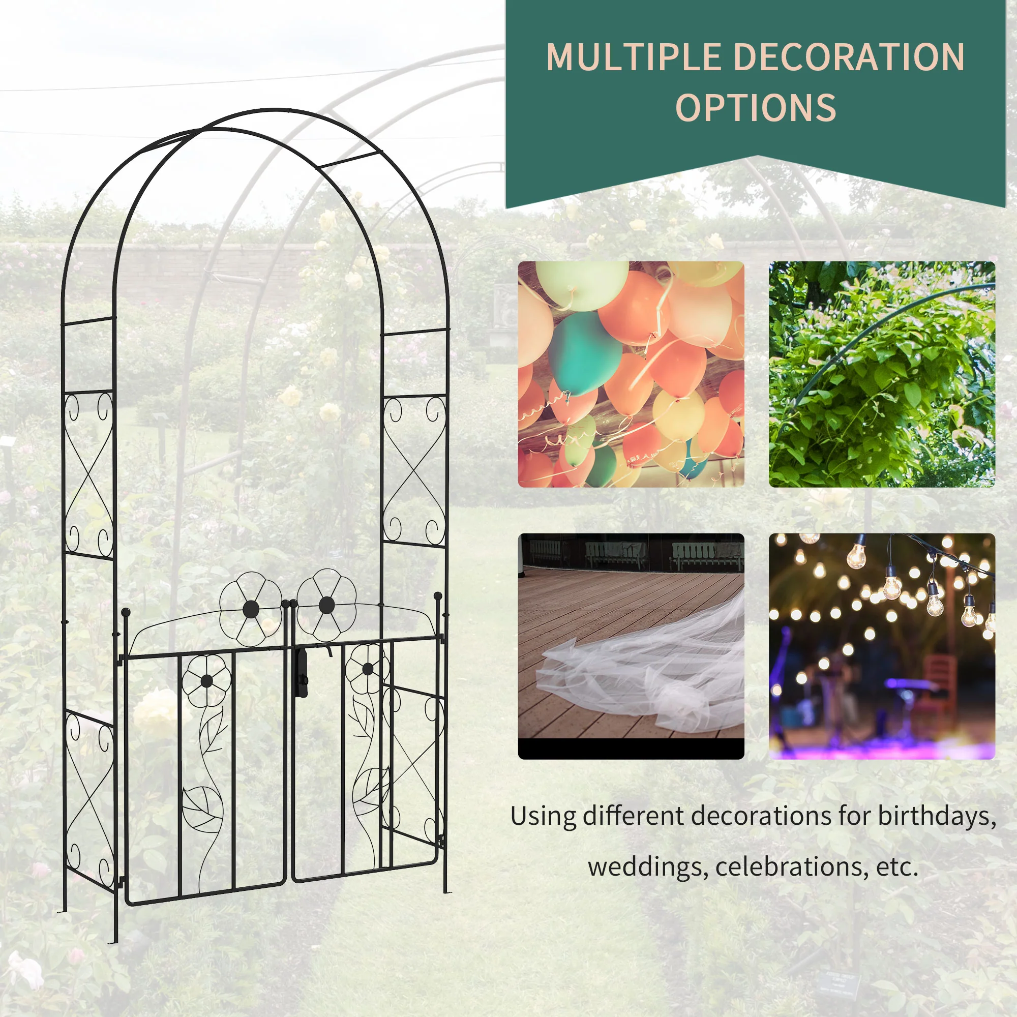 7.5FT Metal Wedding Garden Arch with Gate, Outdoor Wedding Decoration, Black - Image 8