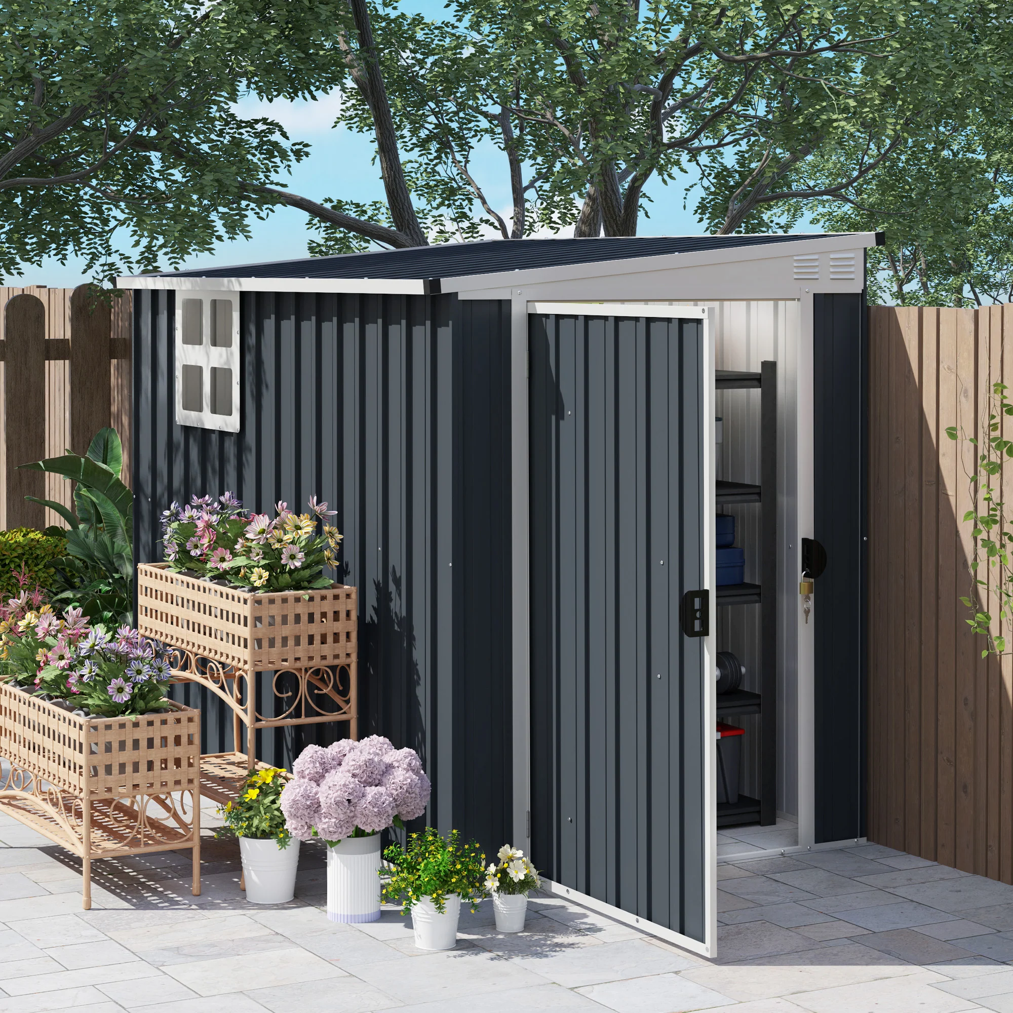 7.6 x 4ft Outdoor Garden Storage Shed with Window, 2 Vents and Lockable Door, Dark Grey - Image 3