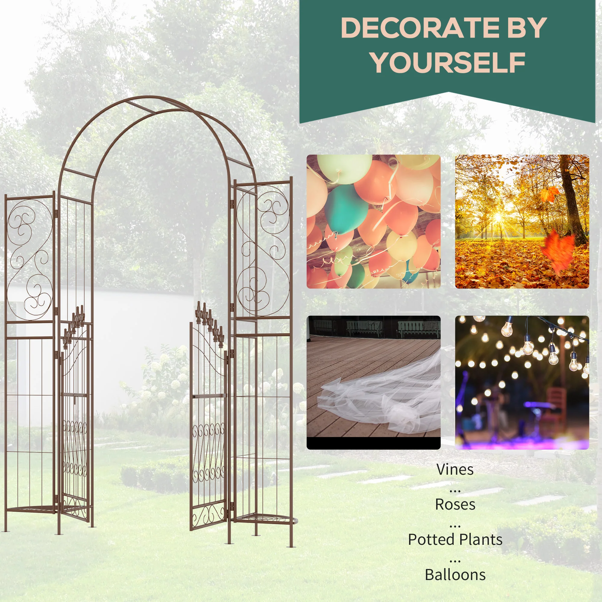 7' Metal Garden Arbor, Garden Arch with Gate, Fleur De Lis Motif, Latching Doors, Planter Shelves for Climbing Vines, Ceremony, Weddings, Party, Garden, Backyard, Lawn, Brown - Image 6