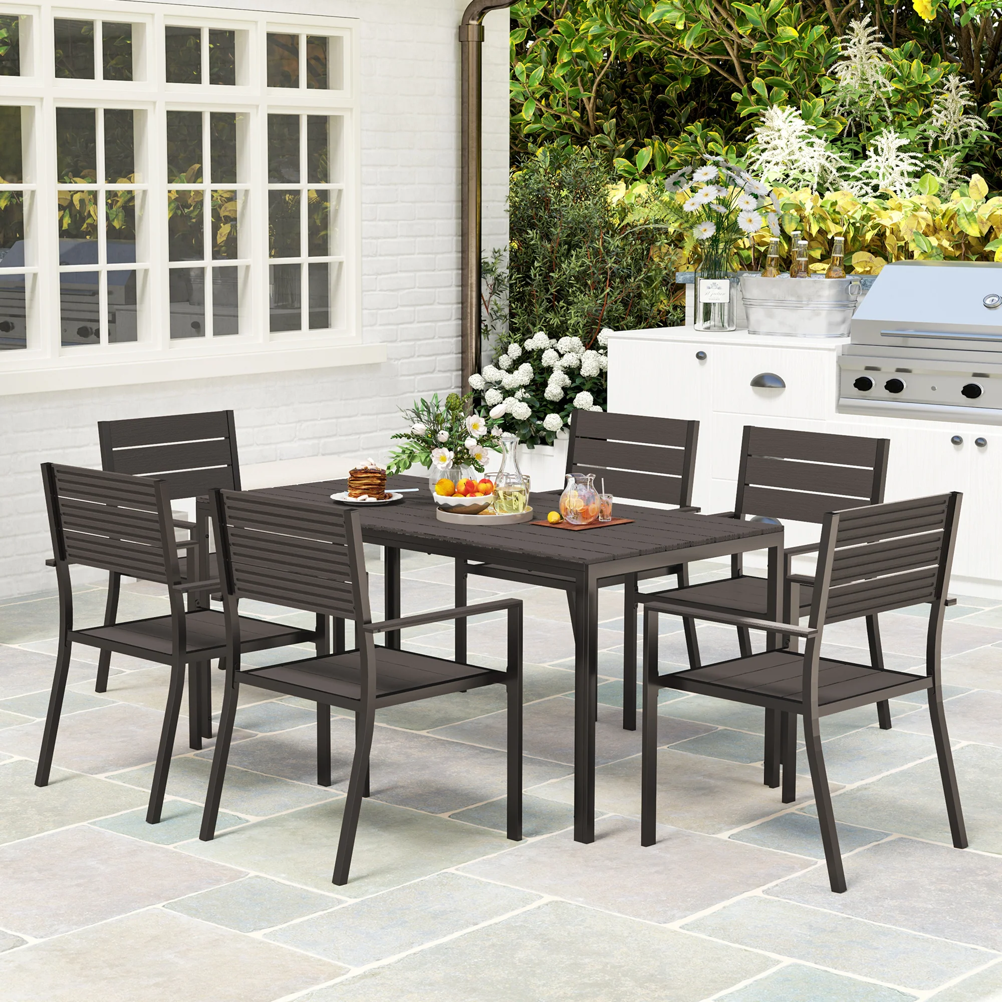 7 Piece Garden Furniture Set, 160 x 80 cm Rectangle Table and 6 Stackable Chairs Set, Outdoor Dining Set for Balcony, Deck, Dark Brown - Image 3