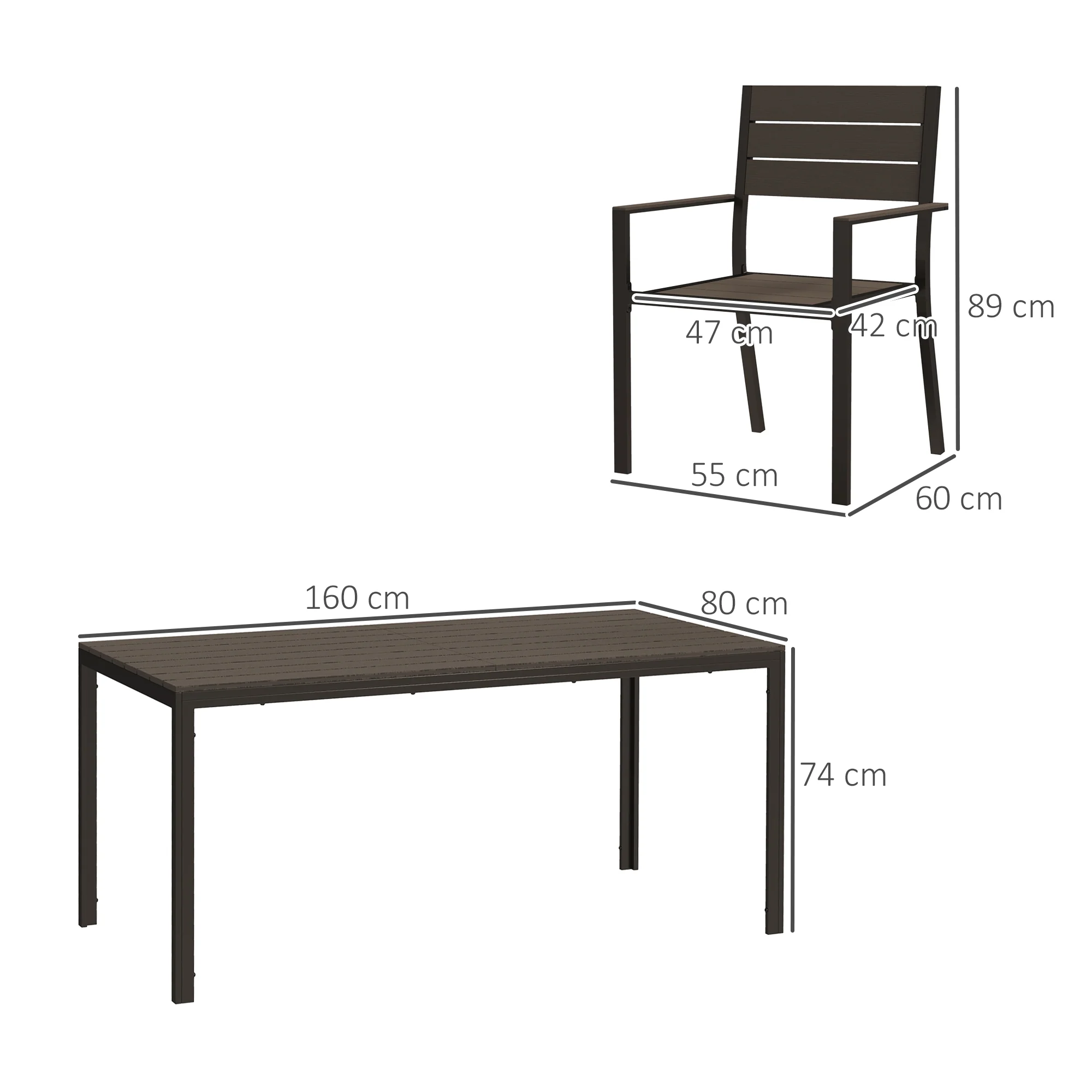 7 Piece Garden Furniture Set, 160 x 80 cm Rectangle Table and 6 Stackable Chairs Set, Outdoor Dining Set for Balcony, Deck, Dark Brown - Image 5