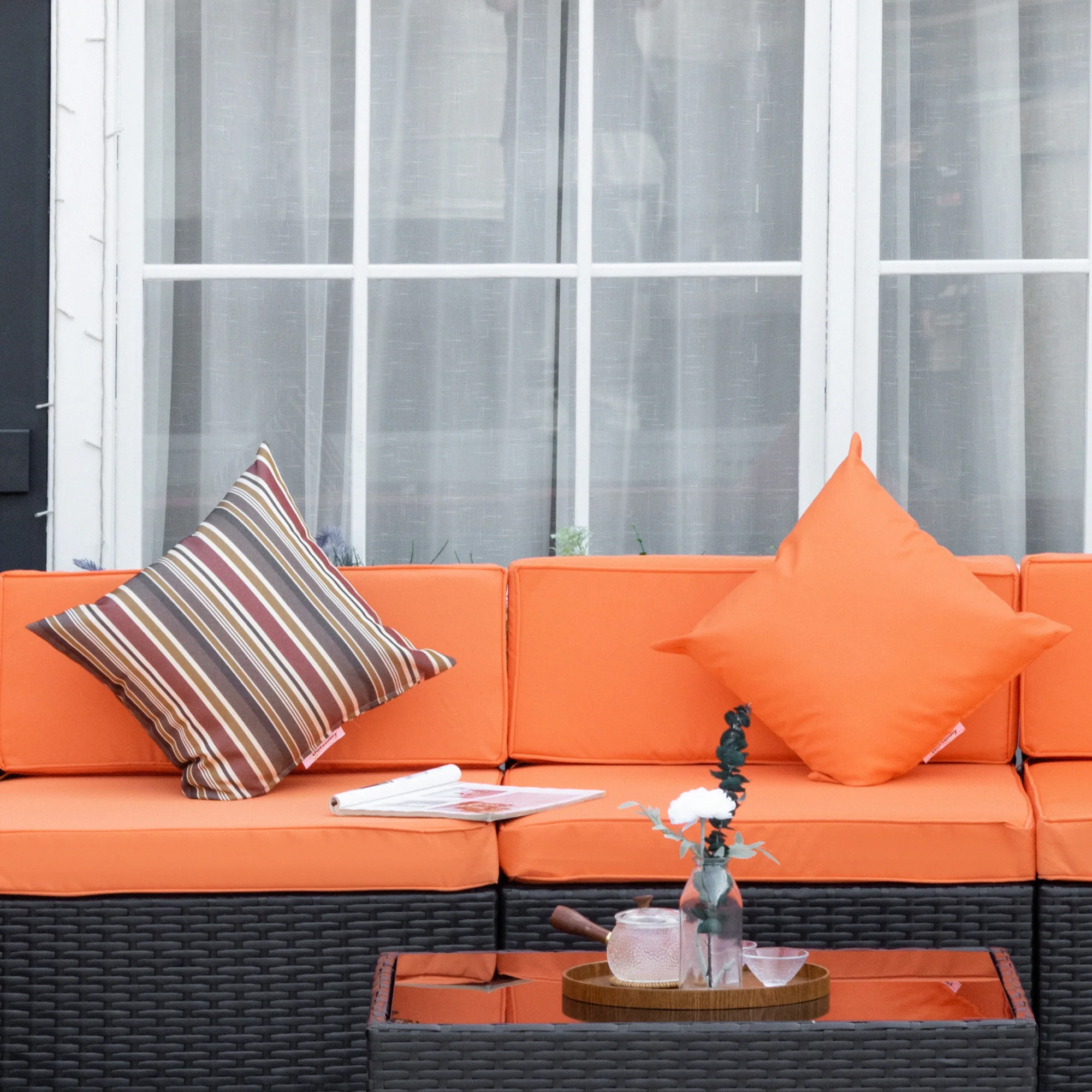 7-Piece Outdoor Wicker Conversation Sets, All Weather PE Rattan Sectional Sofa, Orange - Image 11