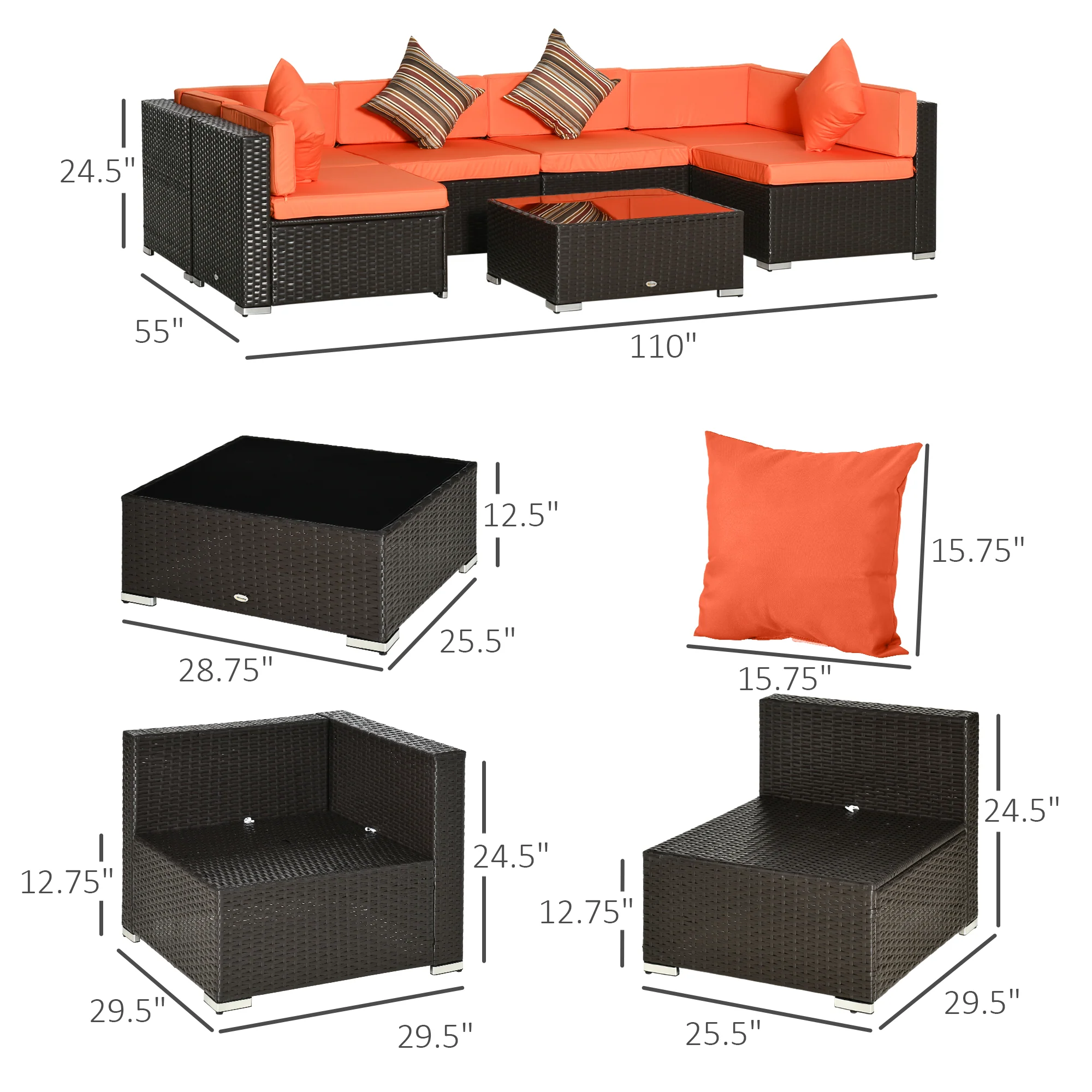 7-Piece Outdoor Wicker Conversation Sets, All Weather PE Rattan Sectional Sofa, Orange - Image 5