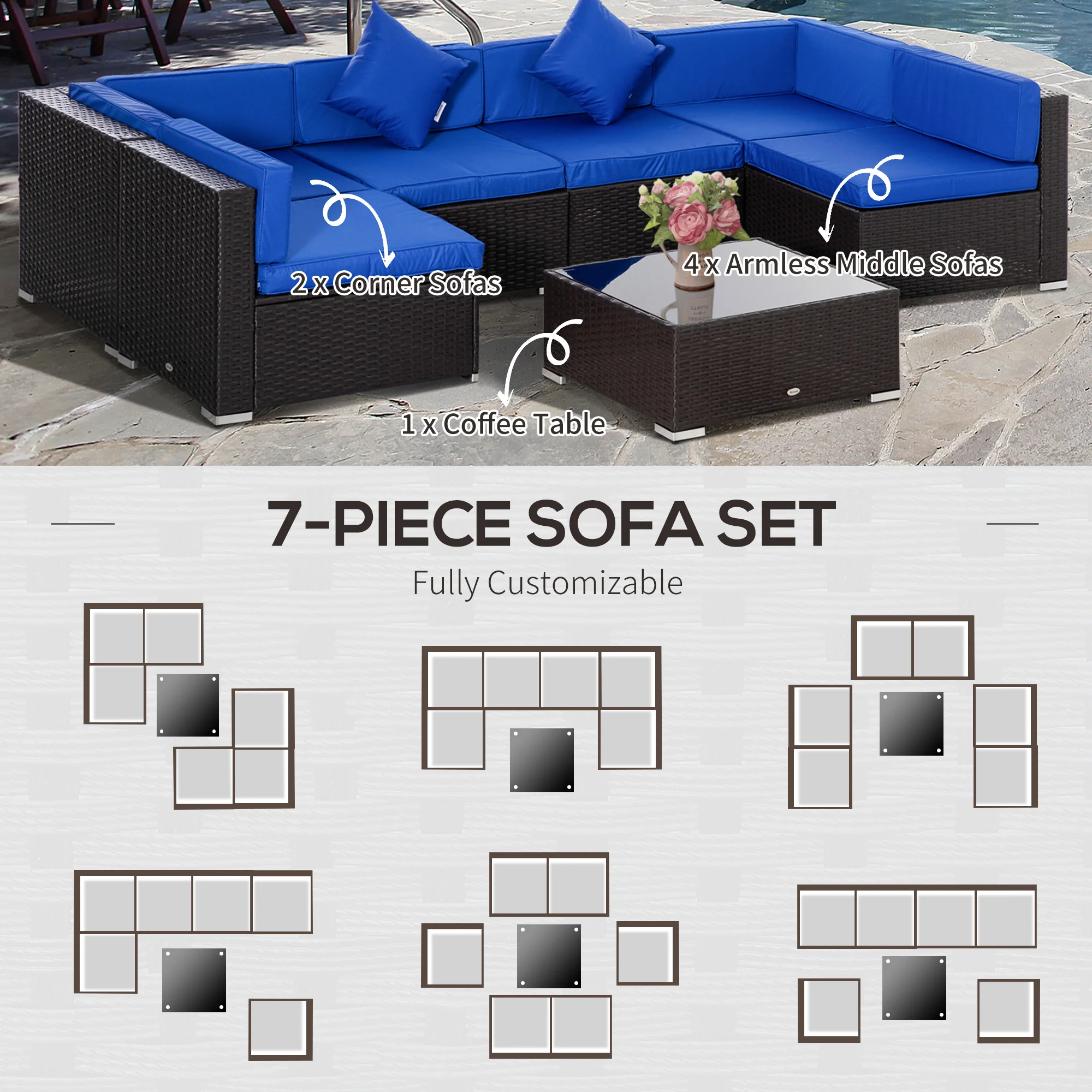 7-Piece Outdoor Wicker Conversation Sets, All Weather PE Rattan Sectional Sofa, Blue - Image 8
