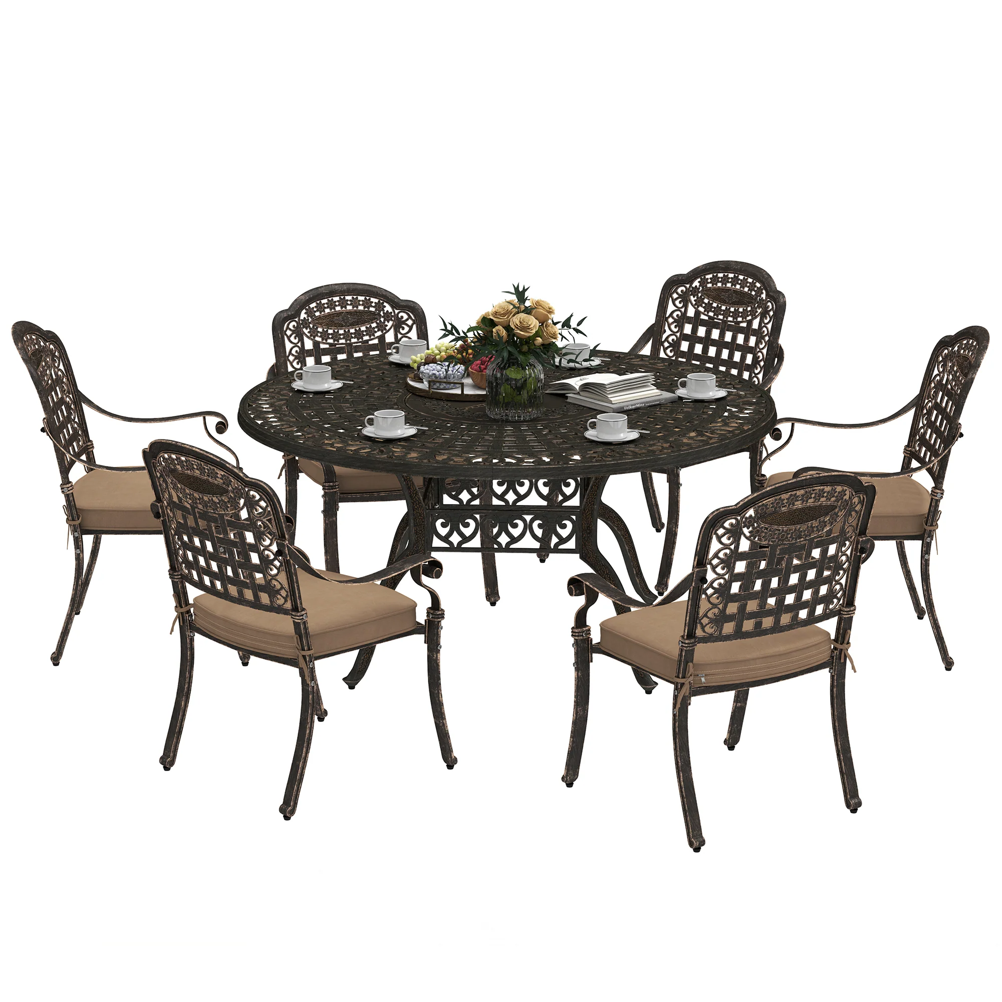 7 Pieces Outdoor Dining Set for 6, Aluminum Patio Furniture Set w/ Umbrella Hole, Bronze