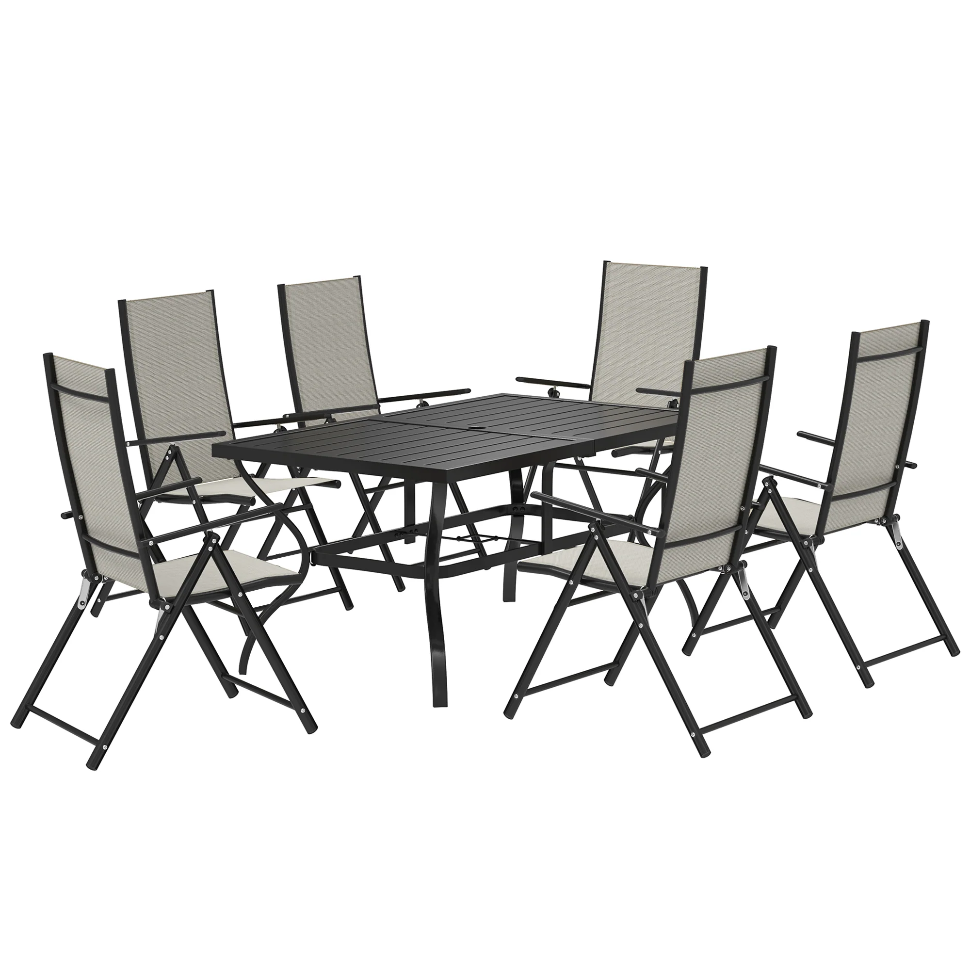 7 Pieces Garden Dining Set, 6 Seater Garden Furniture Set with Parasol Hole, Outdoor Dining Set with High Back Folding Chairs and Square Metal Top Table for Outdoor Patio, Khaki - Image 2