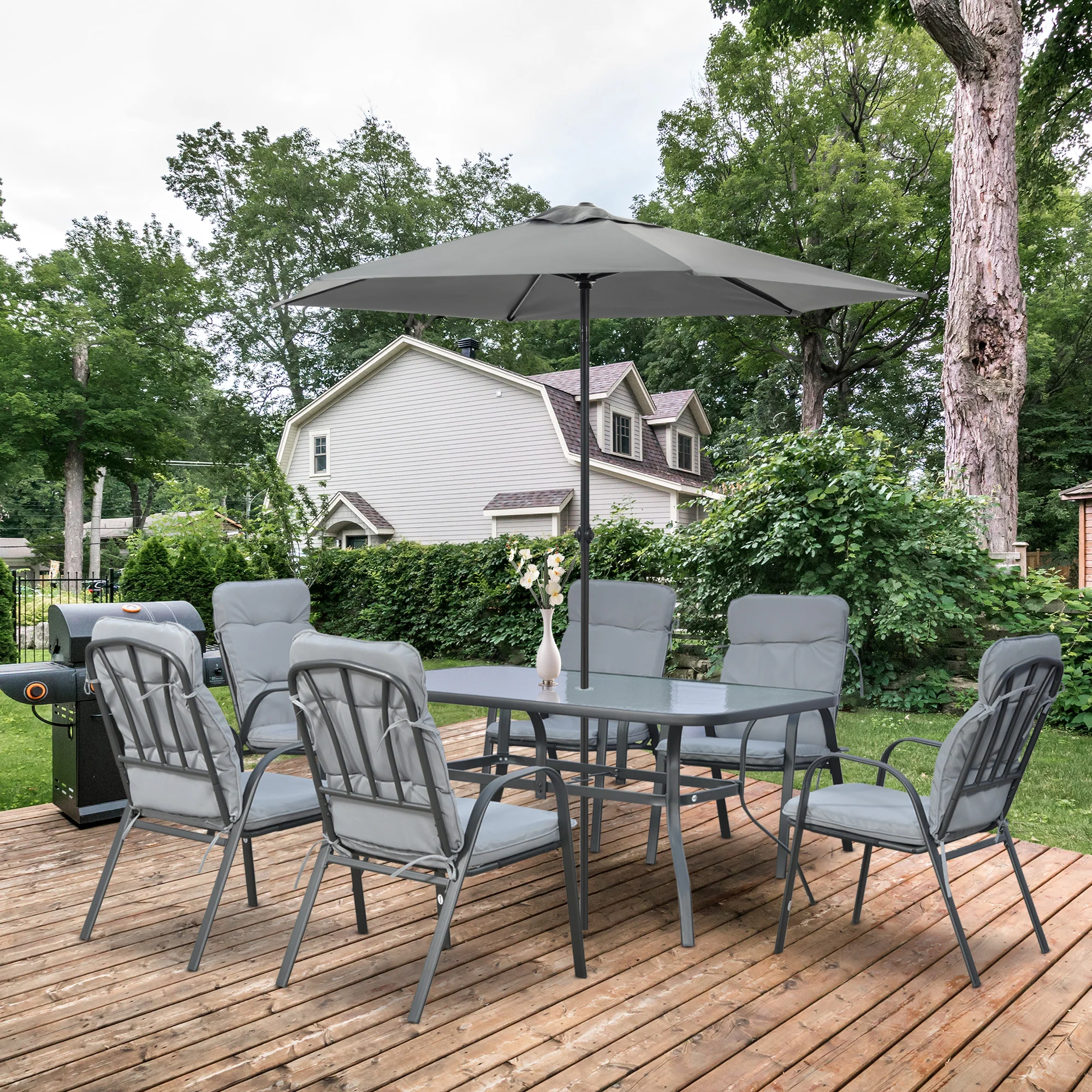 7 Pieces Garden Dining Set, Outdoor Dining Set with Cushions, Tempered Glass Top Table, Umbrella Hole, Texteline Seats, 6 Seater Garden Table and Chairs, Grey - Image 4