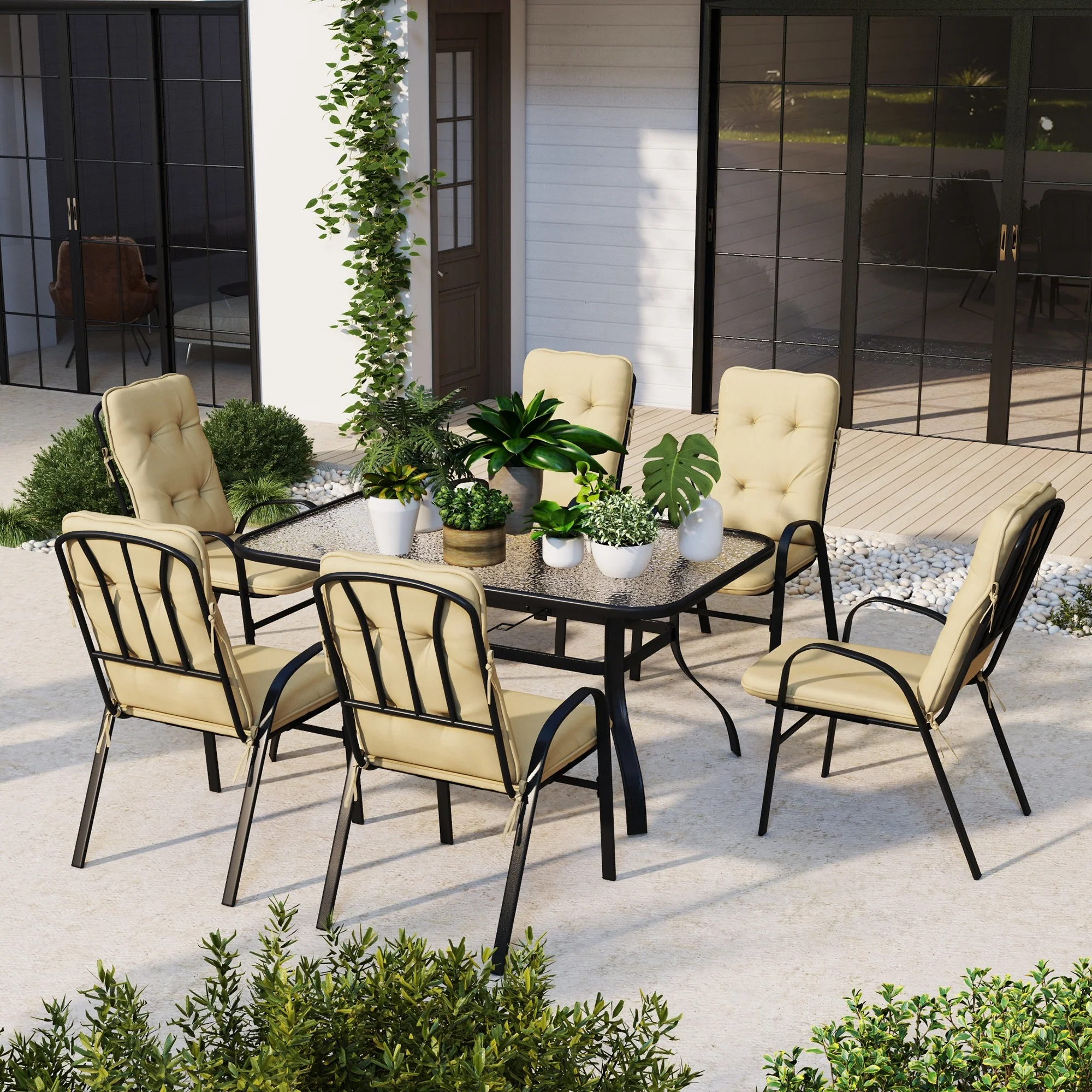 7 Pieces Garden Dining Set, Outdoor Dining Set with Cushions, Tempered Glass Top Table, Umbrella Hole, Texteline Seats, 6 Seater Garden Table and Chairs, Beige - Image 3