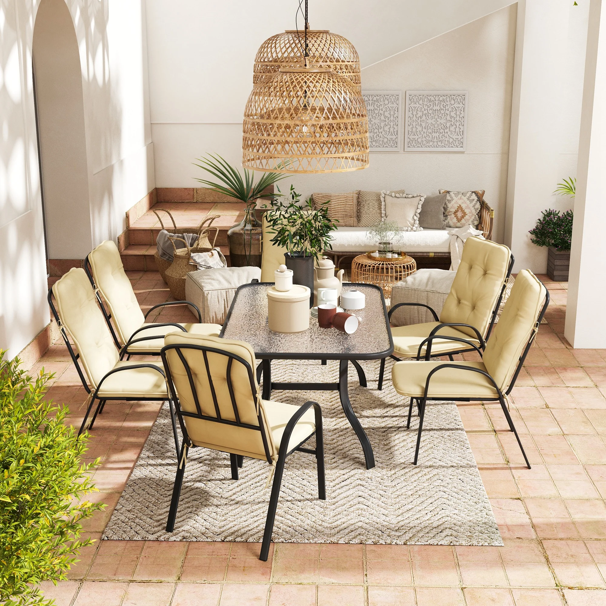 7 Pieces Garden Dining Set, Outdoor Dining Set with Cushions, Tempered Glass Top Table, Umbrella Hole, Texteline Seats, 6 Seater Garden Table and Chairs, Beige - Image 9