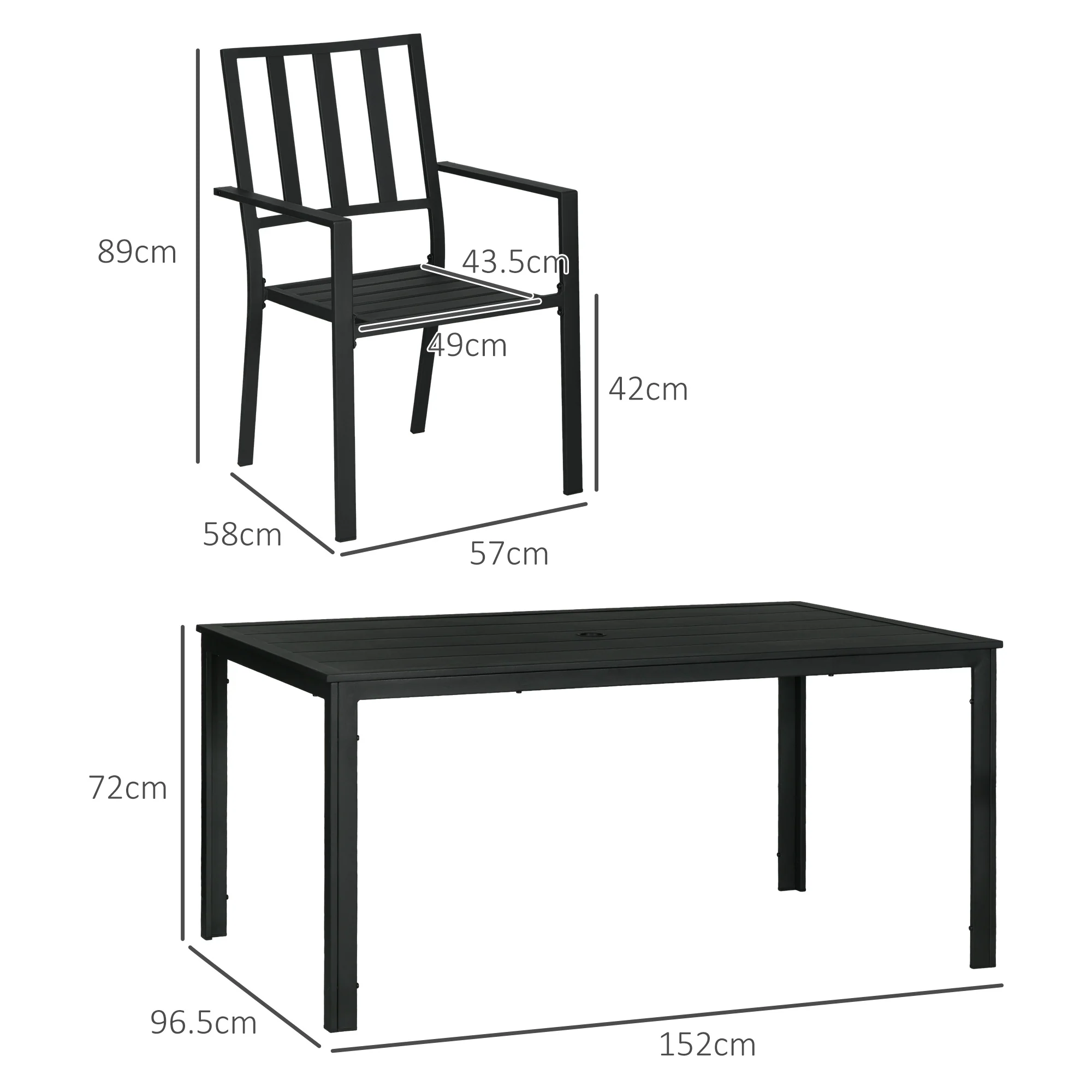 7 Pieces Garden Dining Set, Outdoor Patio Table and 6 Stackable Chairs, Metal Top Table with Umbrella Hole, Black - Image 5