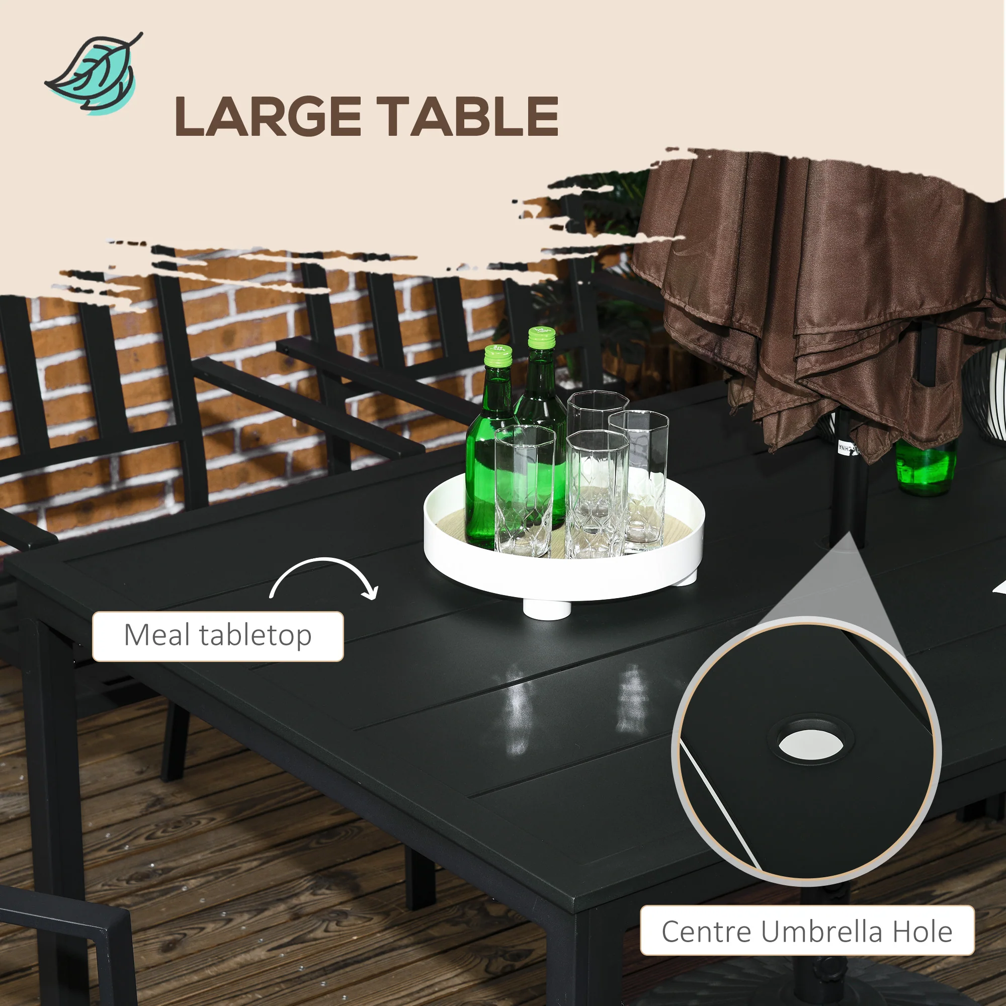 7 Pieces Garden Dining Set, Outdoor Patio Table and 6 Stackable Chairs, Metal Top Table with Umbrella Hole, Black - Image 7