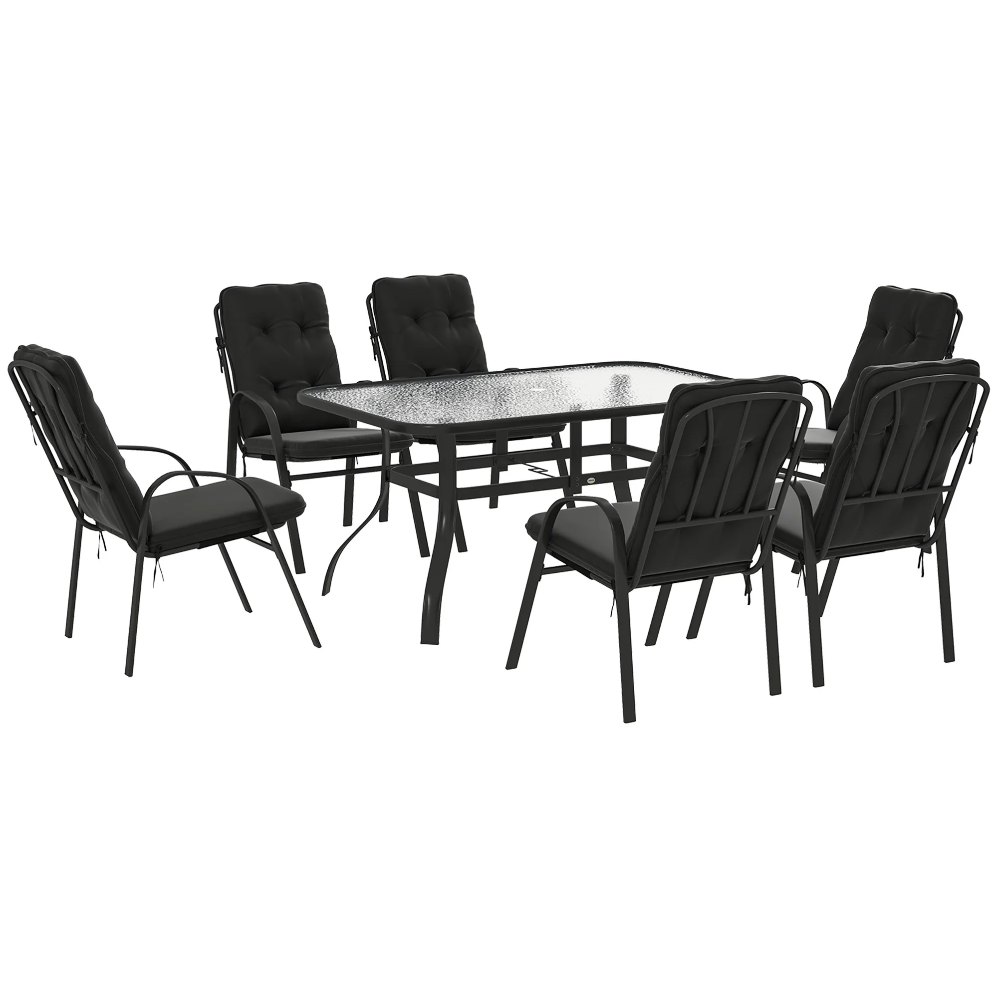 7 Pieces Garden Dining Set, Outdoor Rectangular Dining Table and 6 Cushioned Armchairs, Tempered Glass Top Table w/ Umbrella Hole, Texteline Seats, Black - Image 12